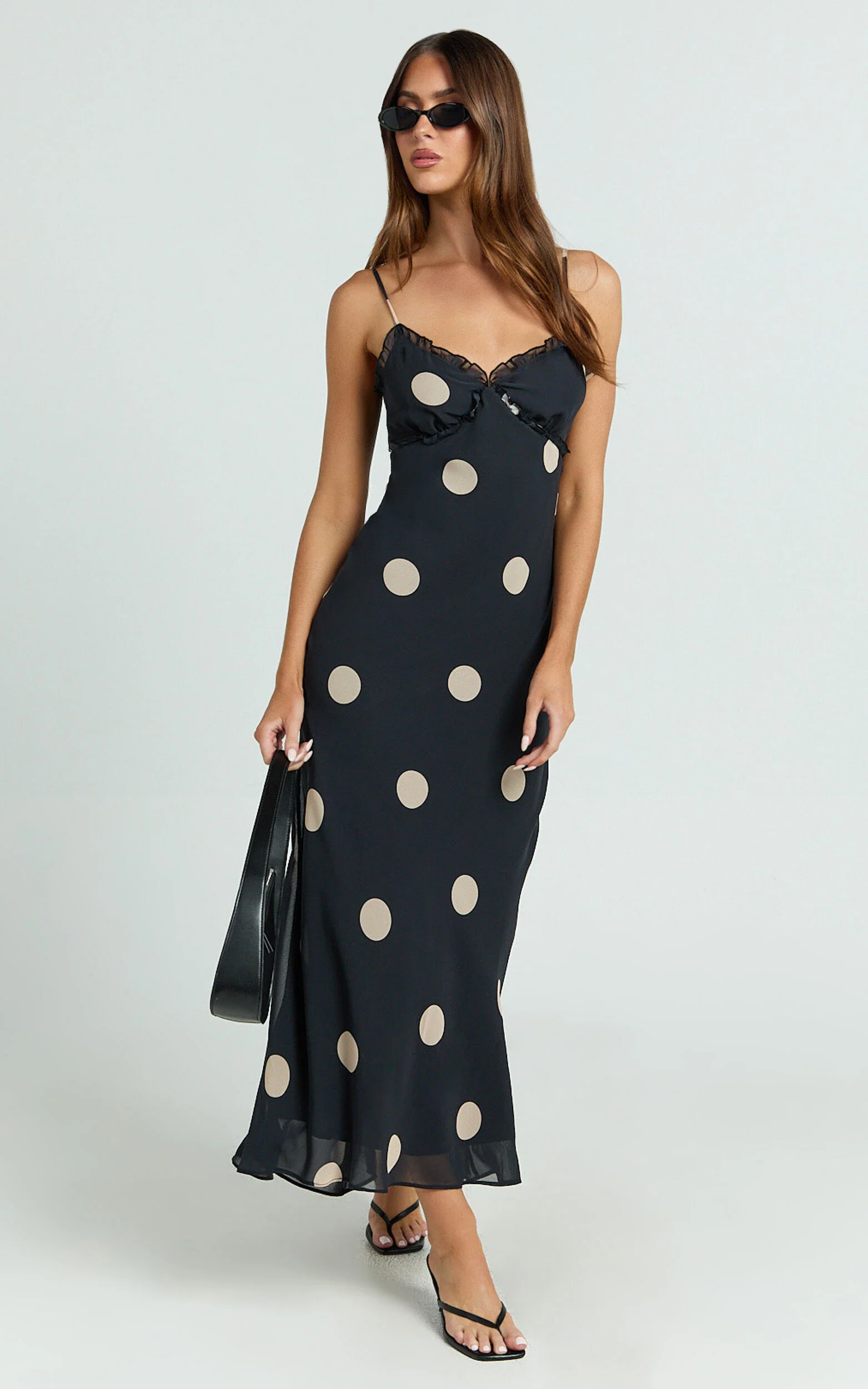 Analy Midi Dress - V Neck Mesh Dress in Black Polkadot