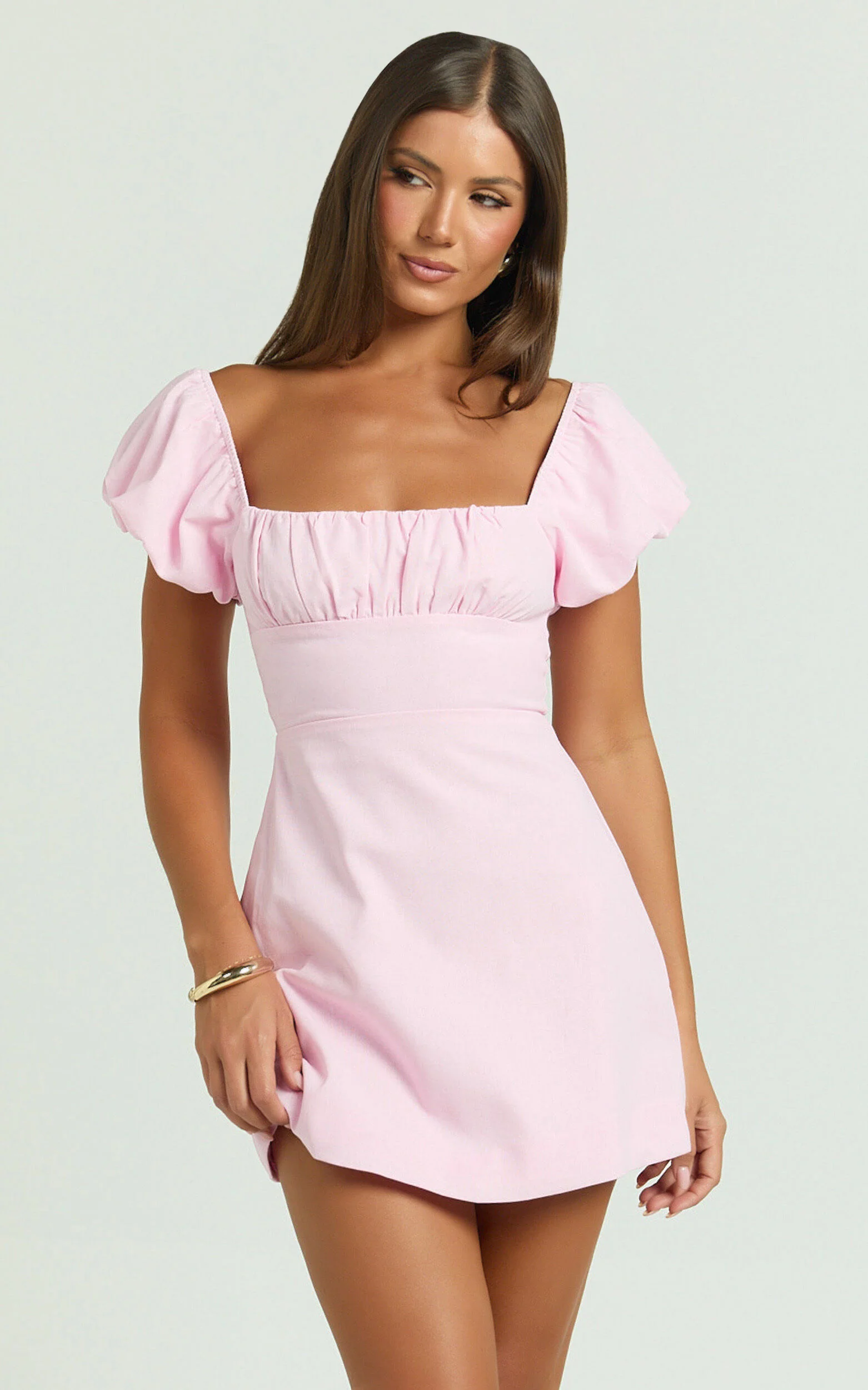 Ginny Mini Dress - Square Neck Ruched Bodice Puff Sleeve Straight Dress in Pink