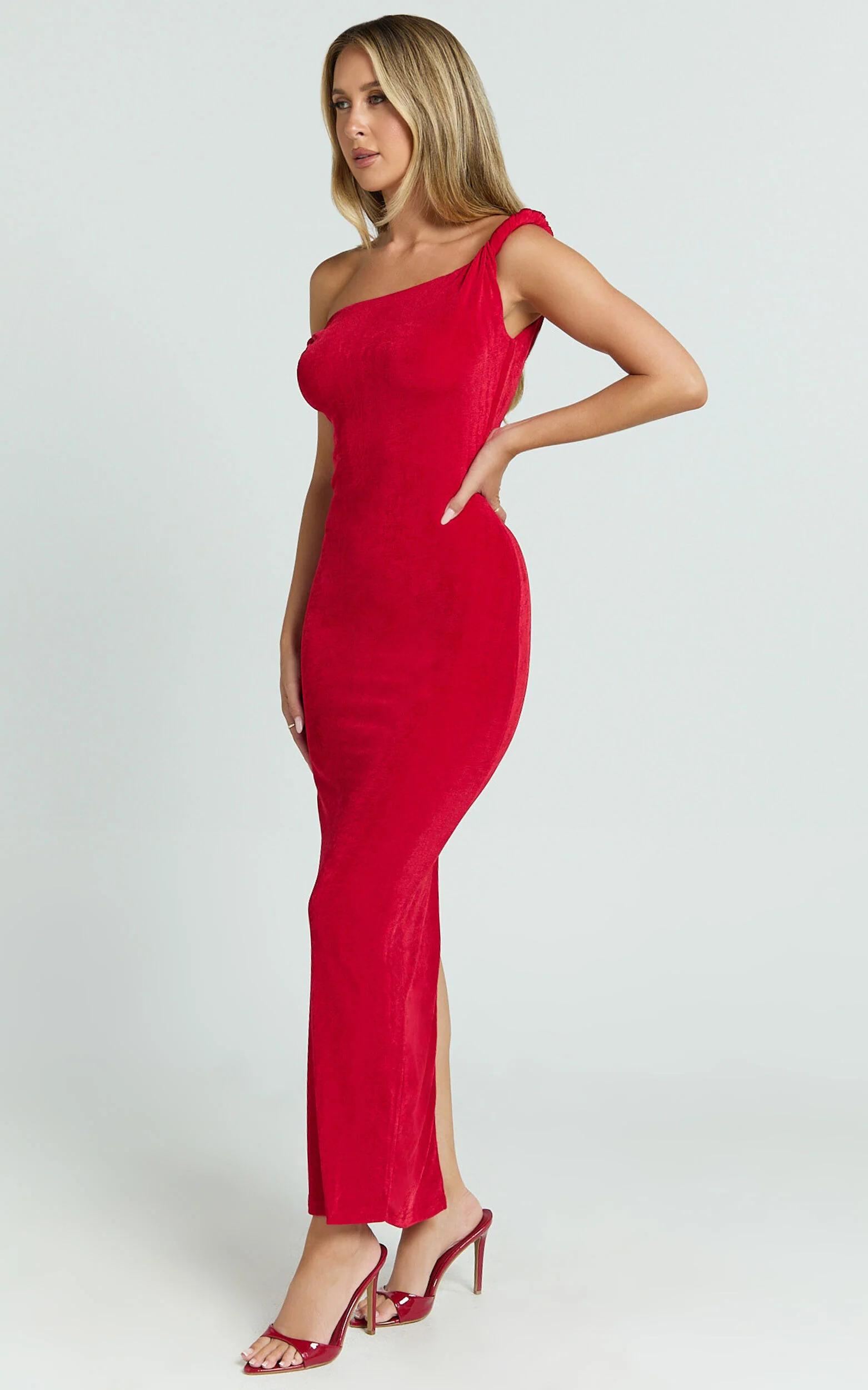 Isabel Midi Dress - Twist Off Shoulder Bodycon Dress in Red