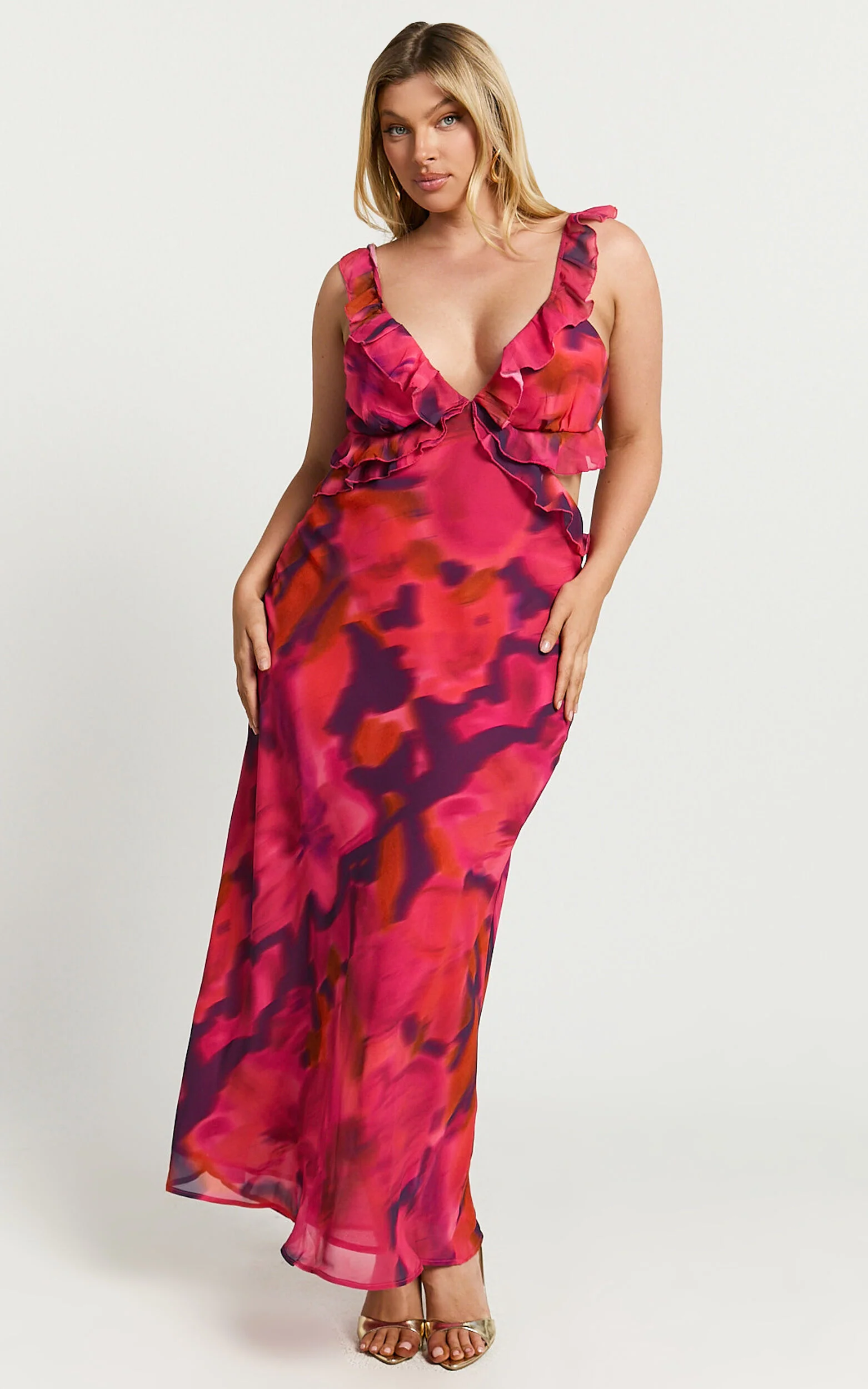 Alessa Maxi Dress - V Neck Frill Detail Empire Waist Back Cut Out Dress in Adeana Print