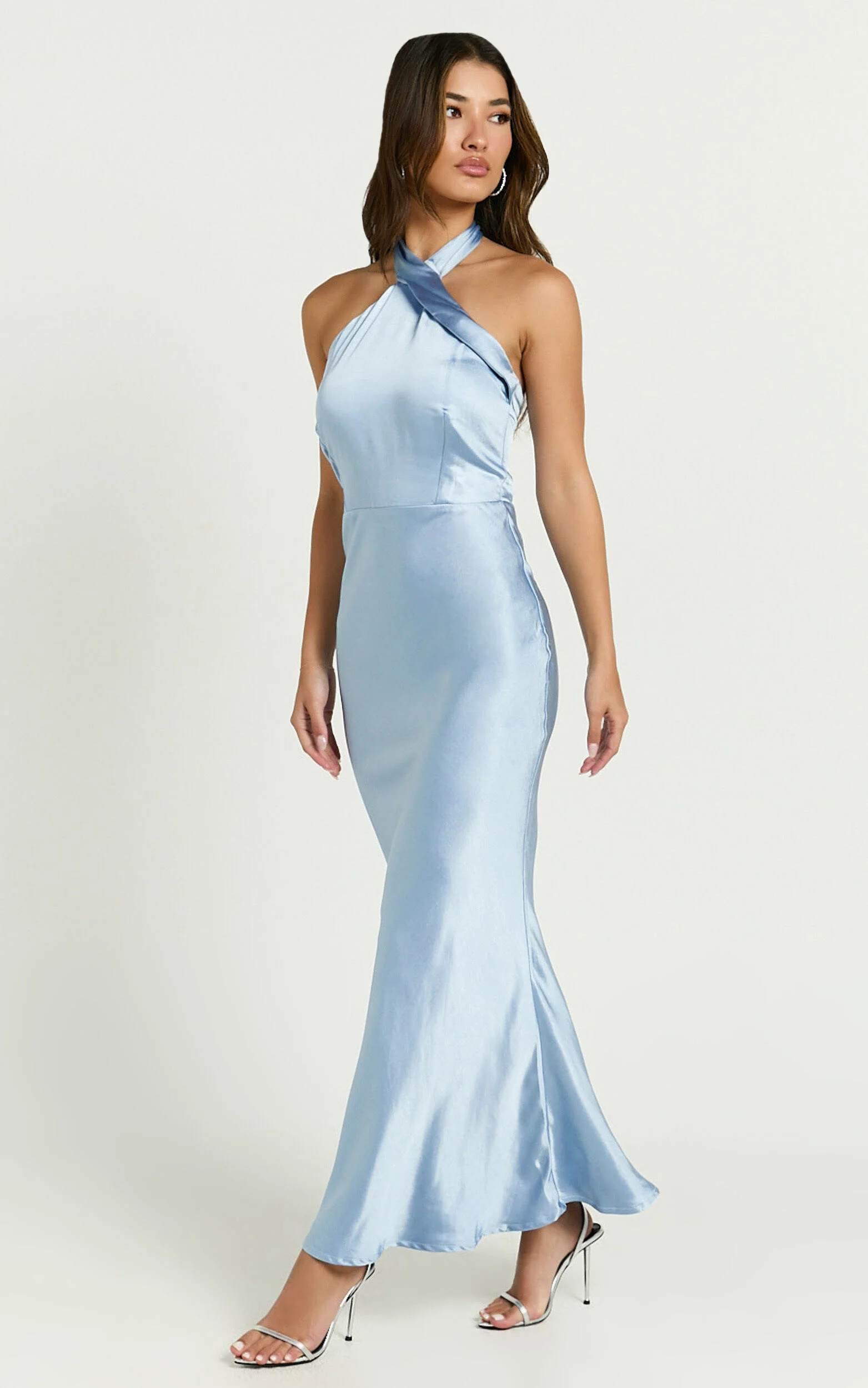 Rhianne Midi Dress - Twist Halter Neck Open Back Satin Dress in Light Blue