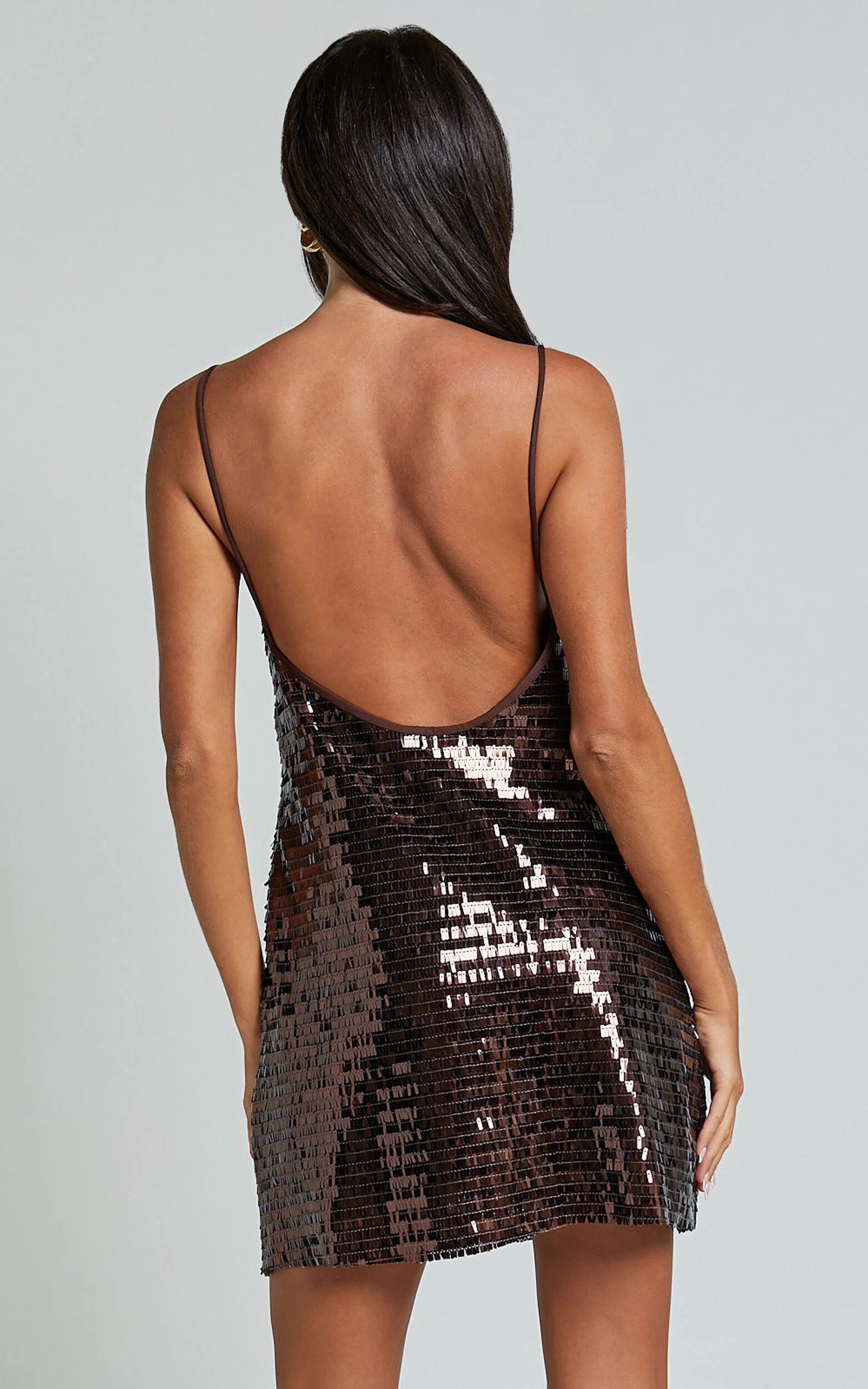 Marleen Mini Dress - Strappy Low Back Sequin Dress in Chocolate