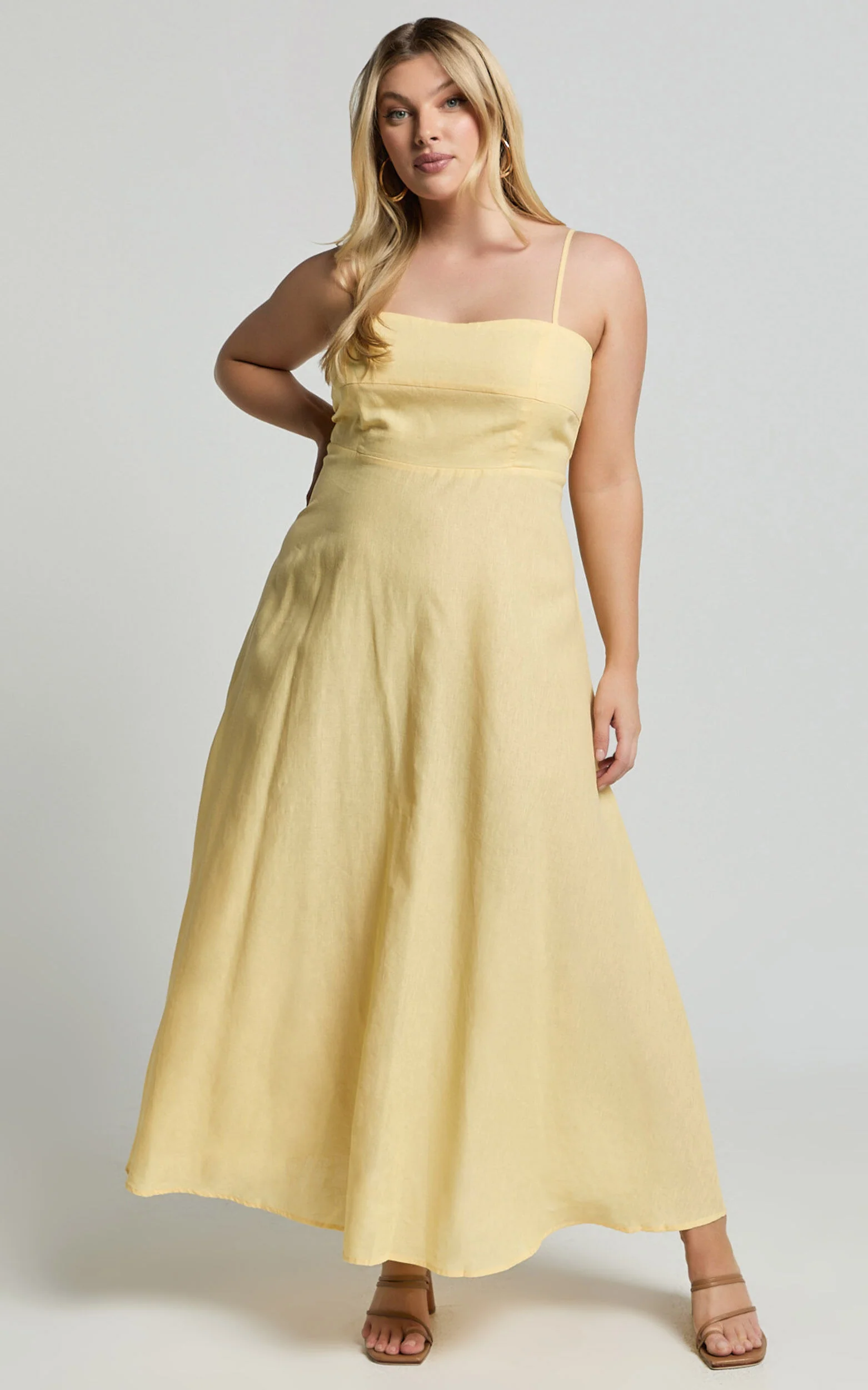 Brette Midi Dress - Linen Straight Neck Strappy Fit And Flare Dress in Lemon