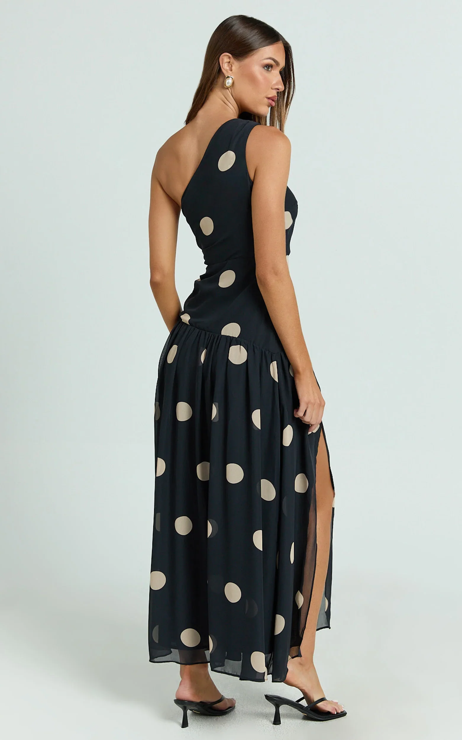 Darlynne Midi Dress - One Shoulder Dress in Black Polkadot