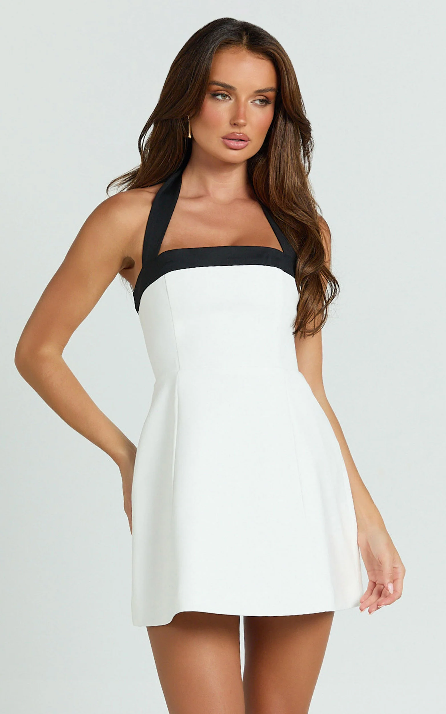 Broome Mini Dress - Contrast Halter Tie Tulip Skirt Dress in White/Black