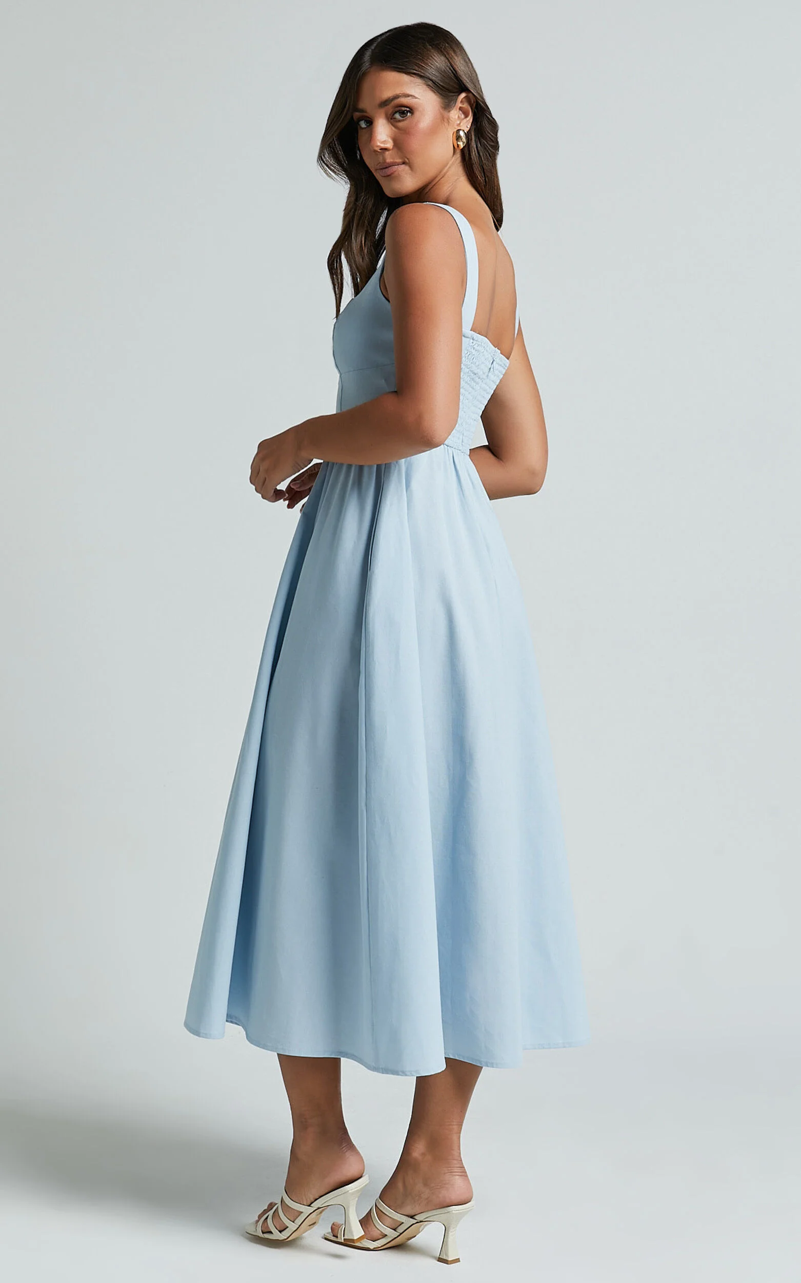 Khari Midi Dress - Linen Look Square A Line Dress in Blue