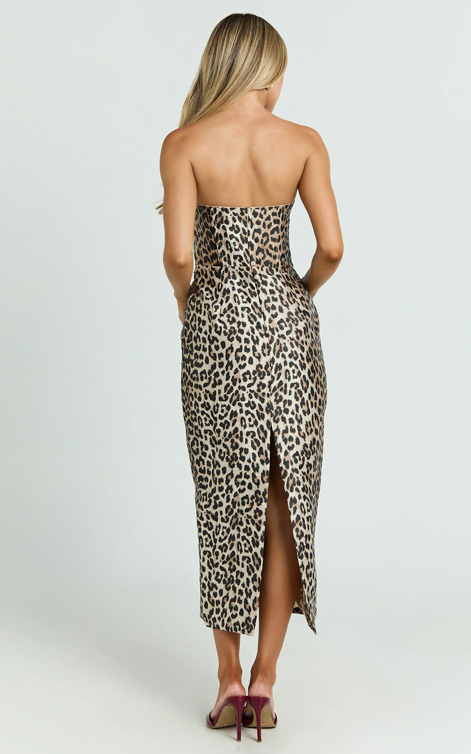 Sandy Midi Dress - Strapless Column Dress in Leopard Print