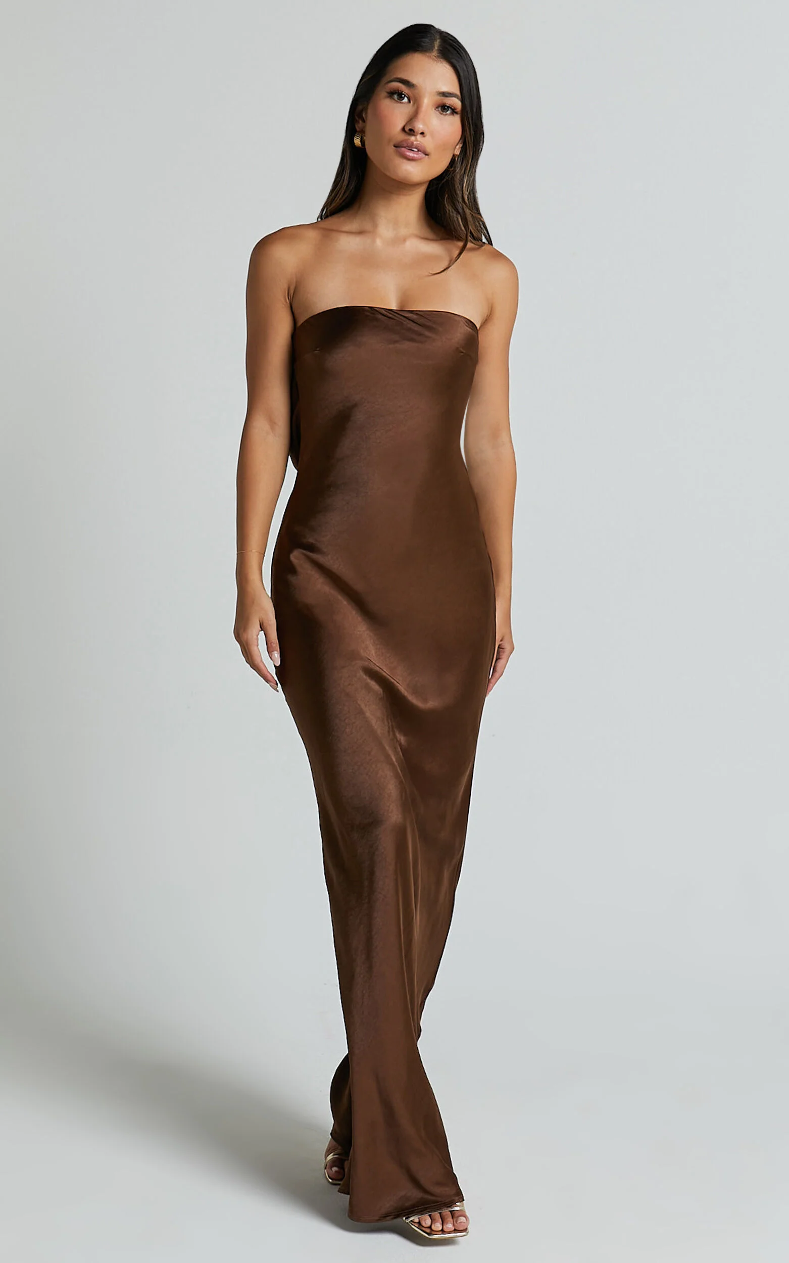 Charlita Maxi Dress - Strapless Cowl Back Satin Dress in Chocolate