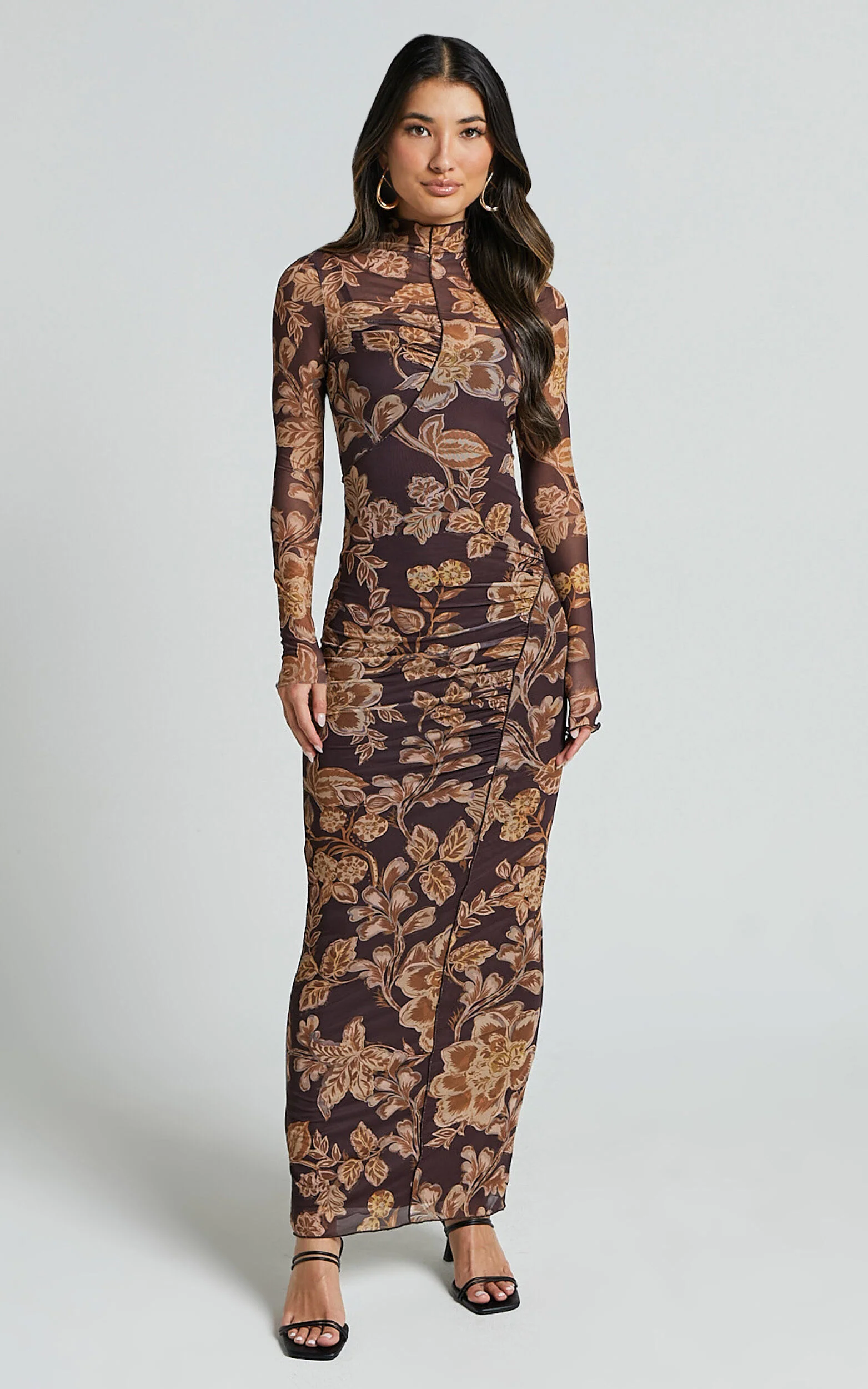 Vivian Midi Dress - High Neck Long Sleeve Mesh Dress in Amber Bloom Print