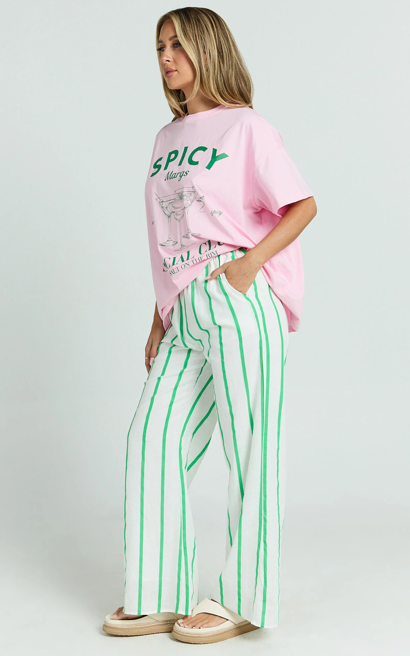 Albina Two Piece Set - Spicy Margs Club Tee and Striped Pant Set in Green