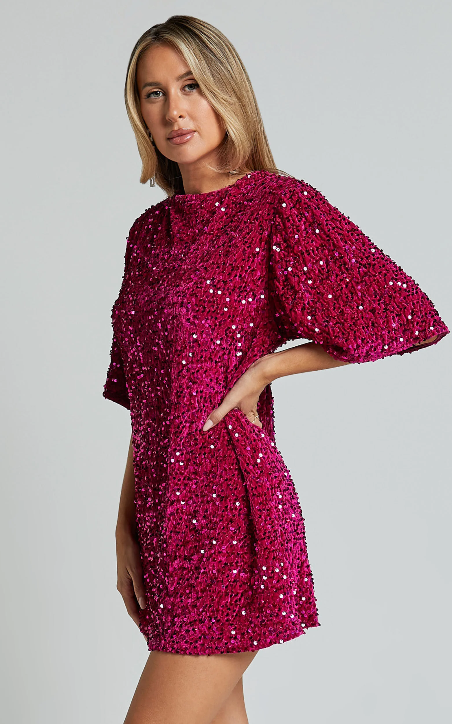 Valetta Mini Dress - Sequin low back shift dress in Hot Pink