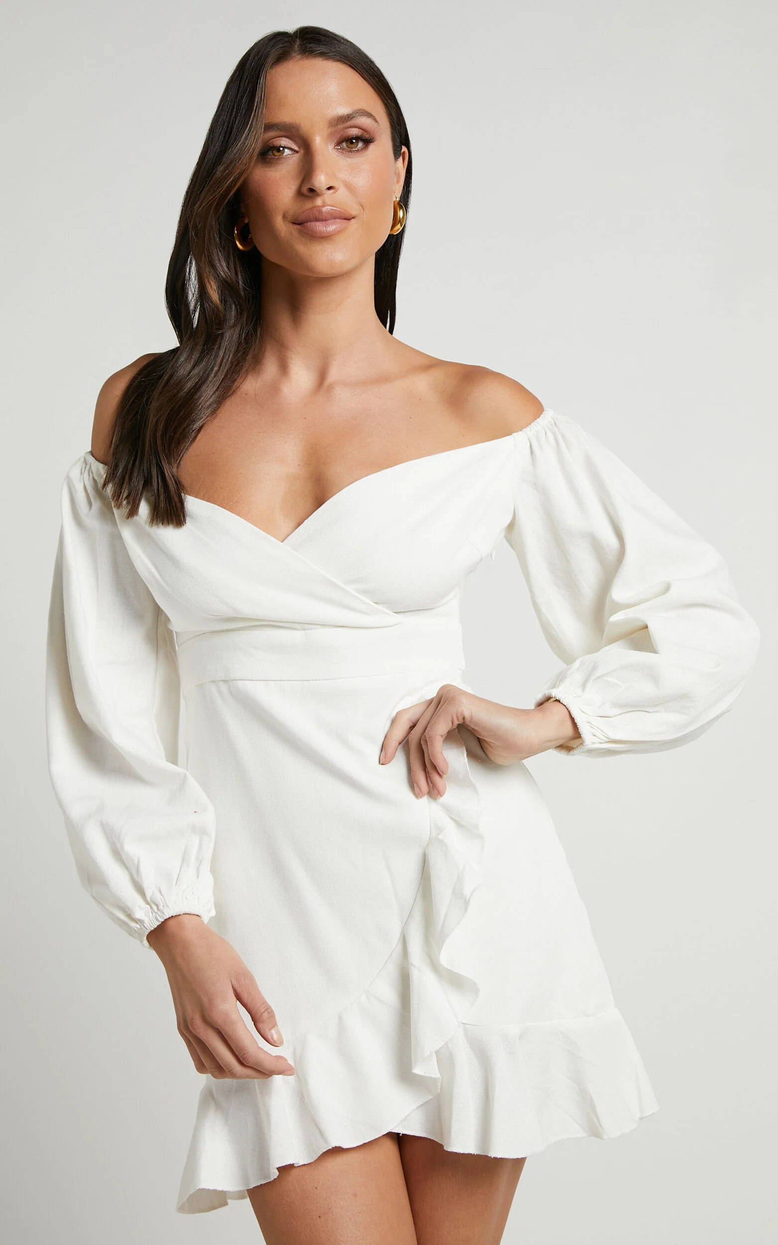 Cant Move On Off Shoulder Mini Linen Dress in White Linen Look