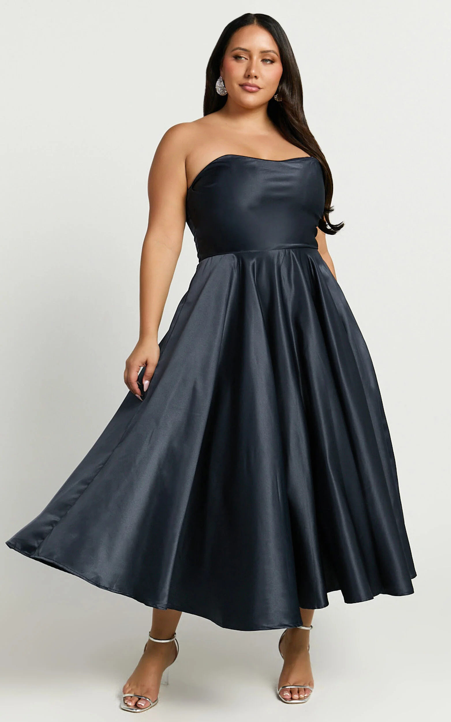 Helaina Midi Dress - Strapless A-Line Satin Dress in Navy