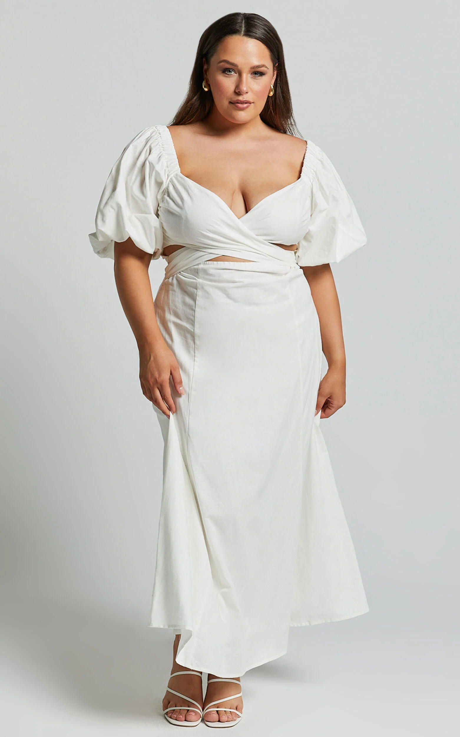 Amalie The Label - Janae Linen Blend Puff Sleeve Cut Out Midi Dress in White