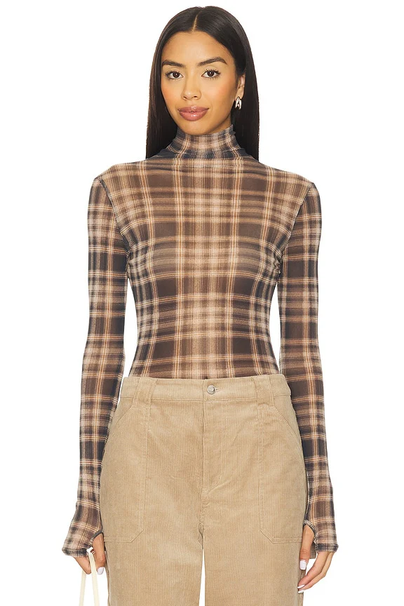 Plaid Mesh Long Sleeve Turtleneck Top