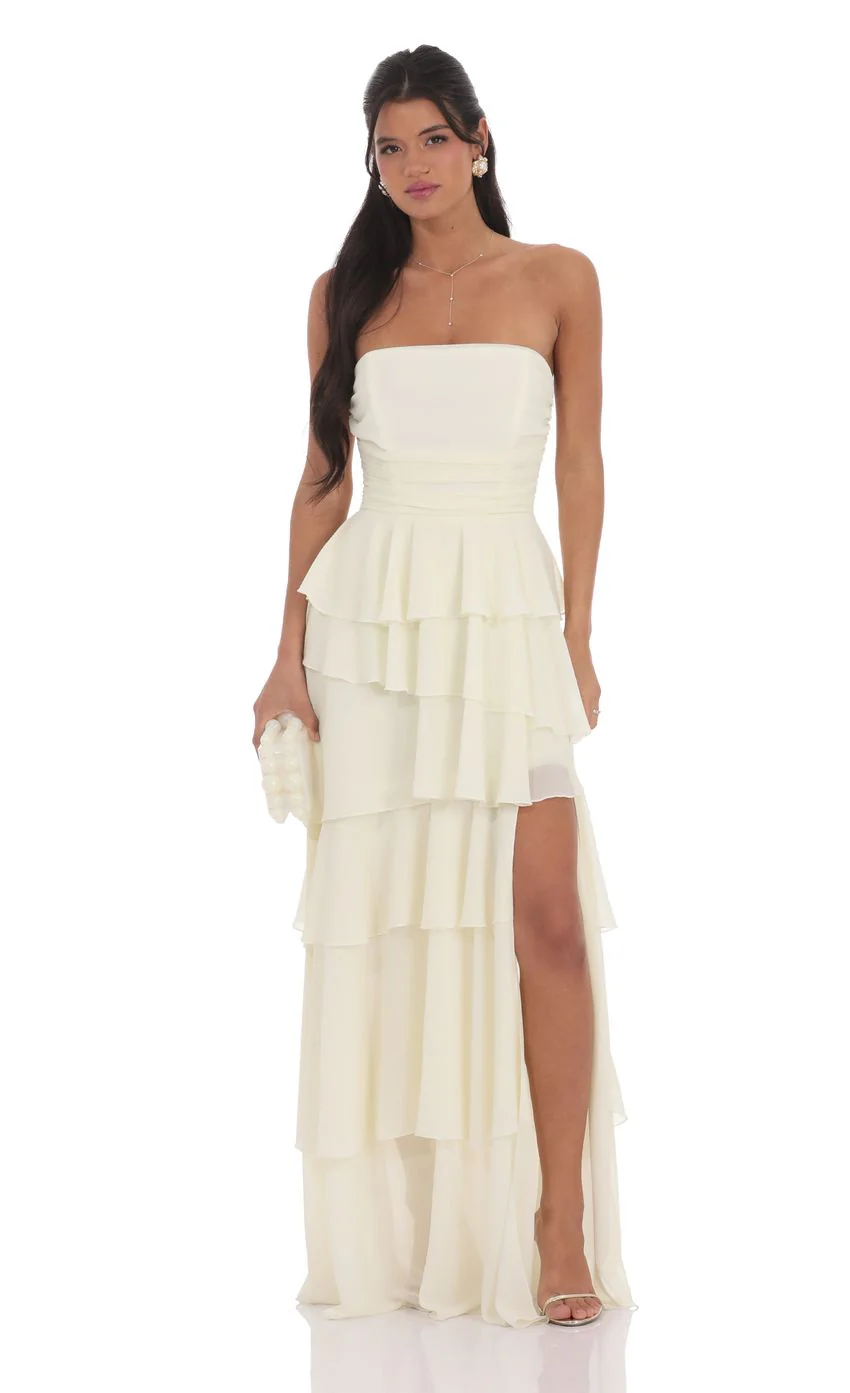 Corset Ruffle Strapless Maxi Dress in Pastel Yellow