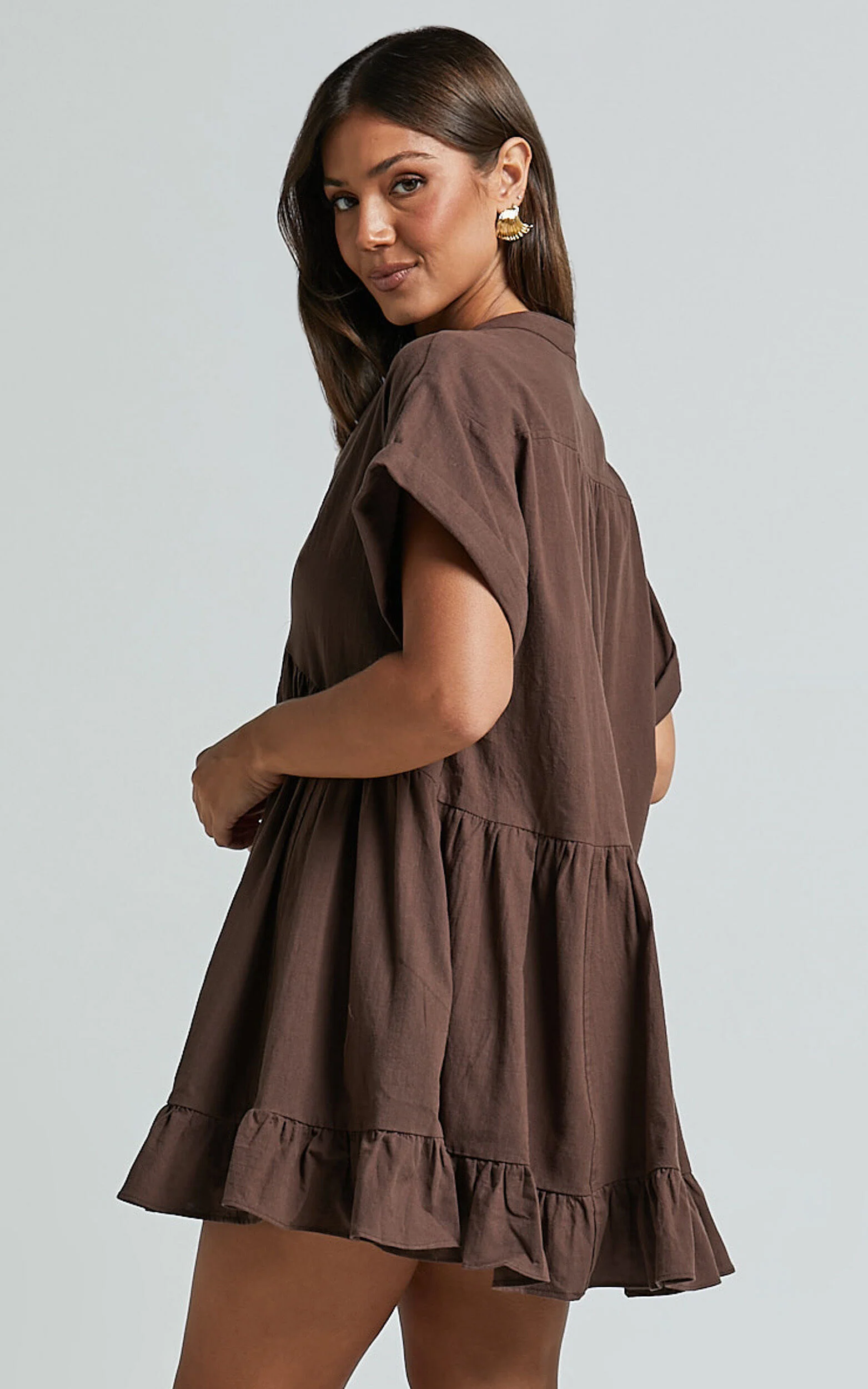 Calissa Mini Dress - Frill Hem Smock Dress in Chocolate
