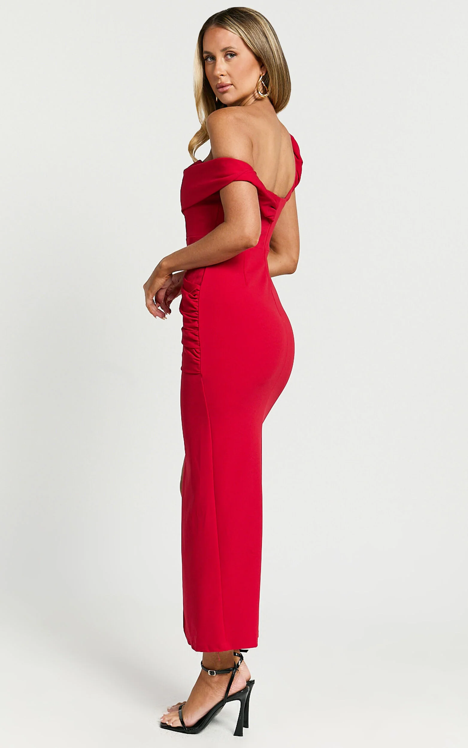 Almaida Midi Dress - Off Shoulder Ruched Side Dress in Red