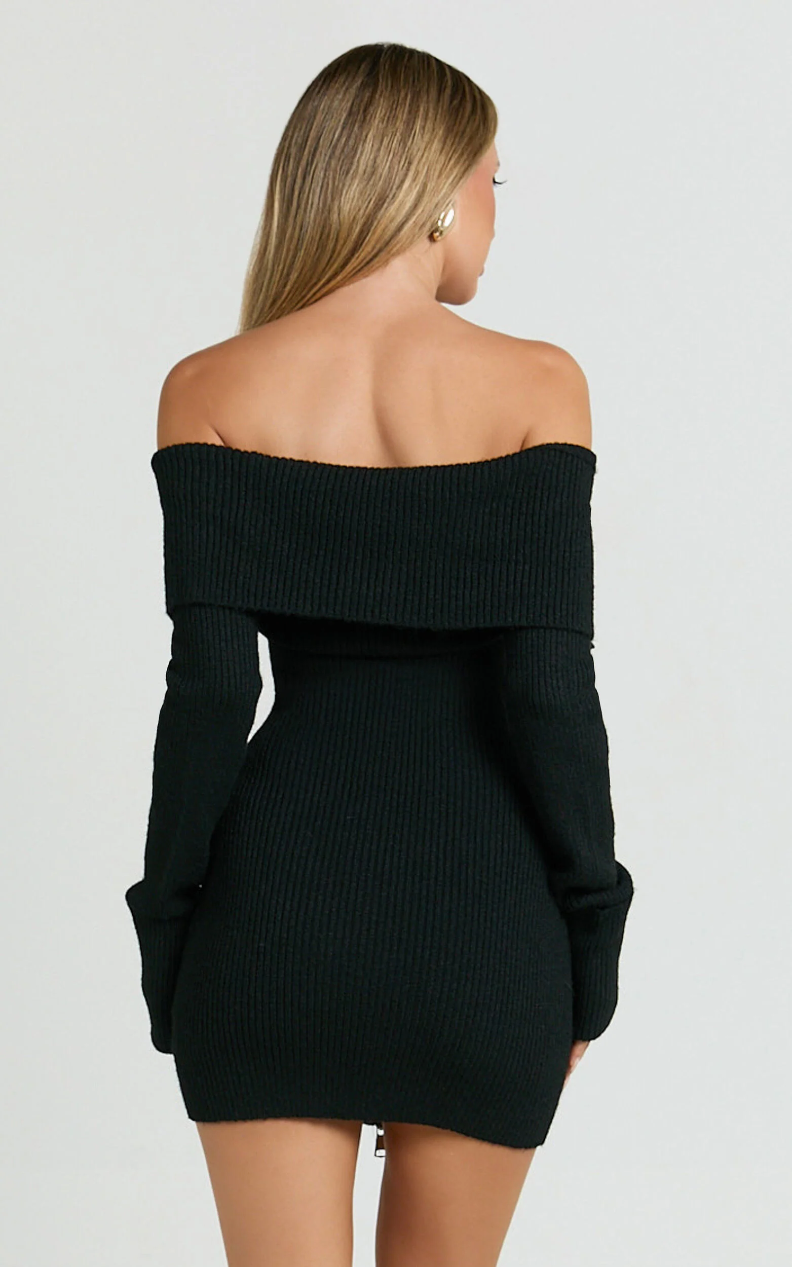 Madeline Mini Dress - Folded Off Shoulder Double Zip Front Knit Dress in Black