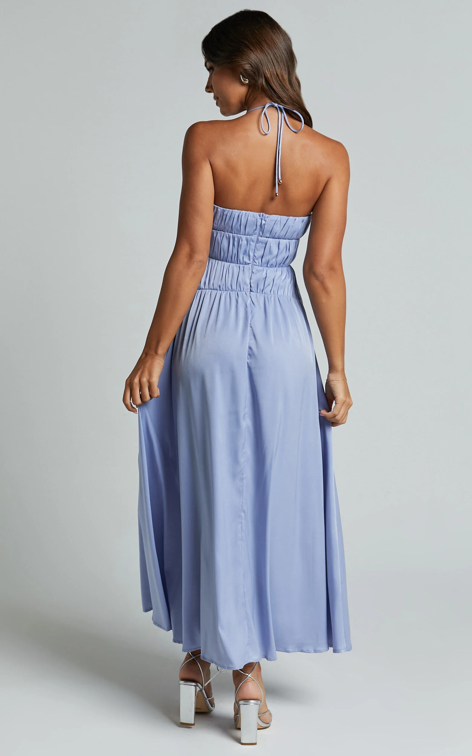 Callie Midi Dress - Satin Gathered Bust Detail Dress in Blue