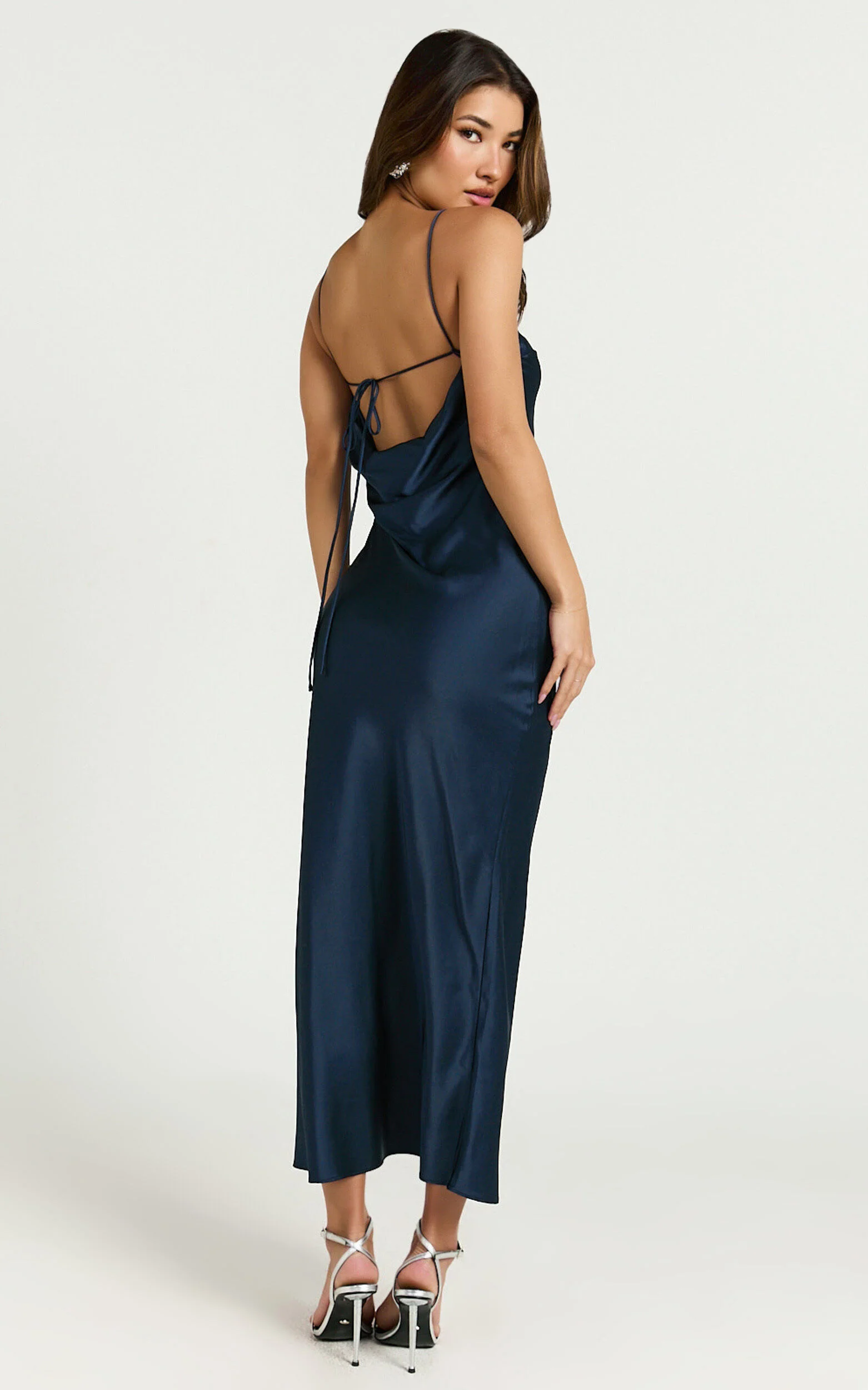 Lacie Midi Dress - V Neck Leg Split Low Back dress in Navy