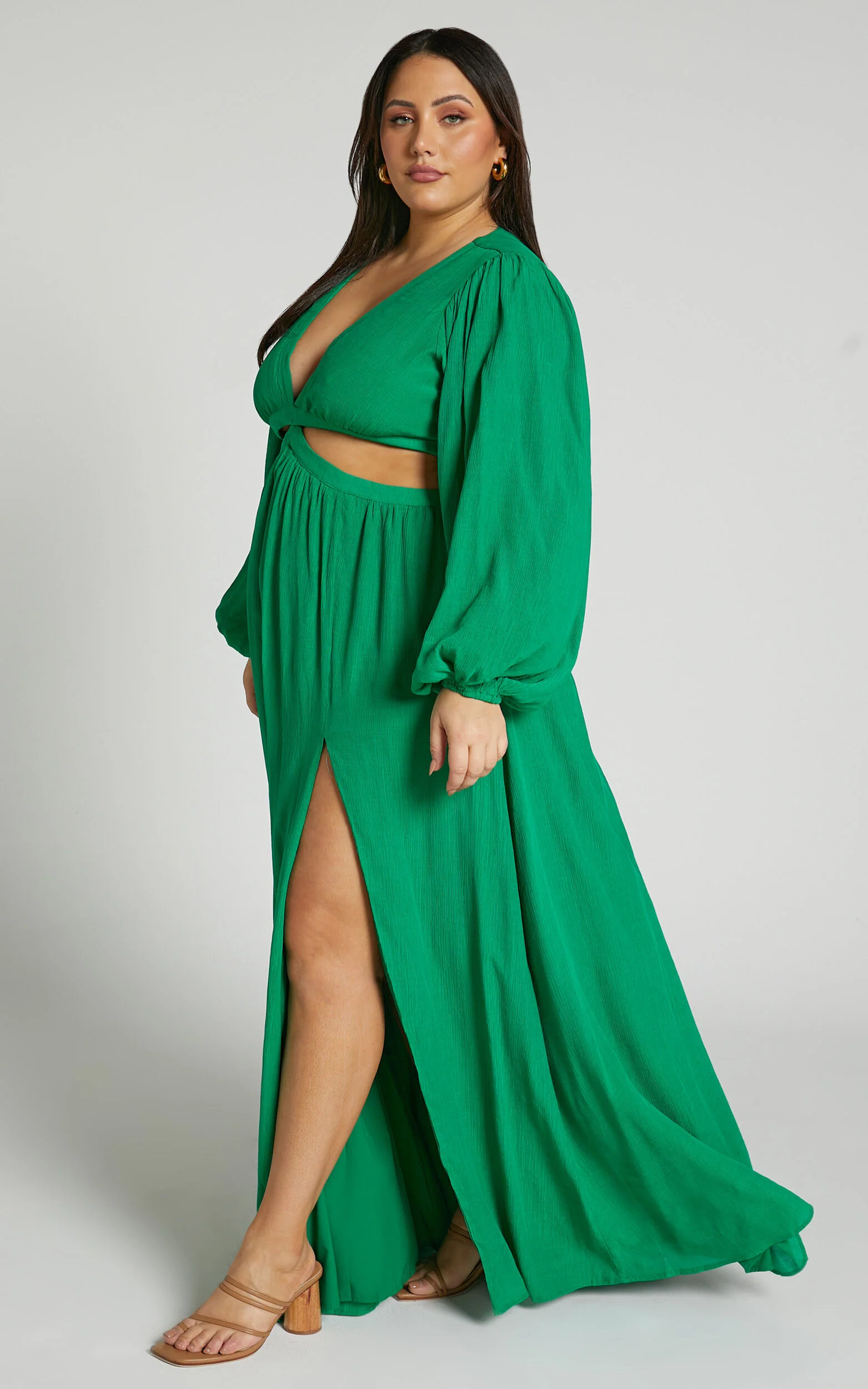 Paige Maxi Dress - Side Cut Out Balloon Sleeve Dress in Green