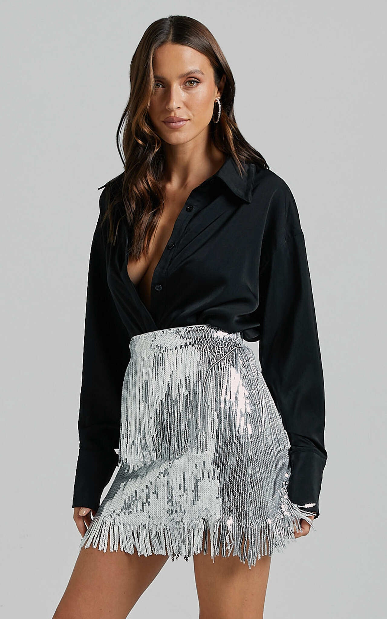 Paris Mini Skirt - Sequin Fringe High Waisted Skirt in Silver