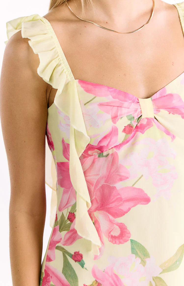 Joyce Yellow Lily Print Chiffon Mini Dress