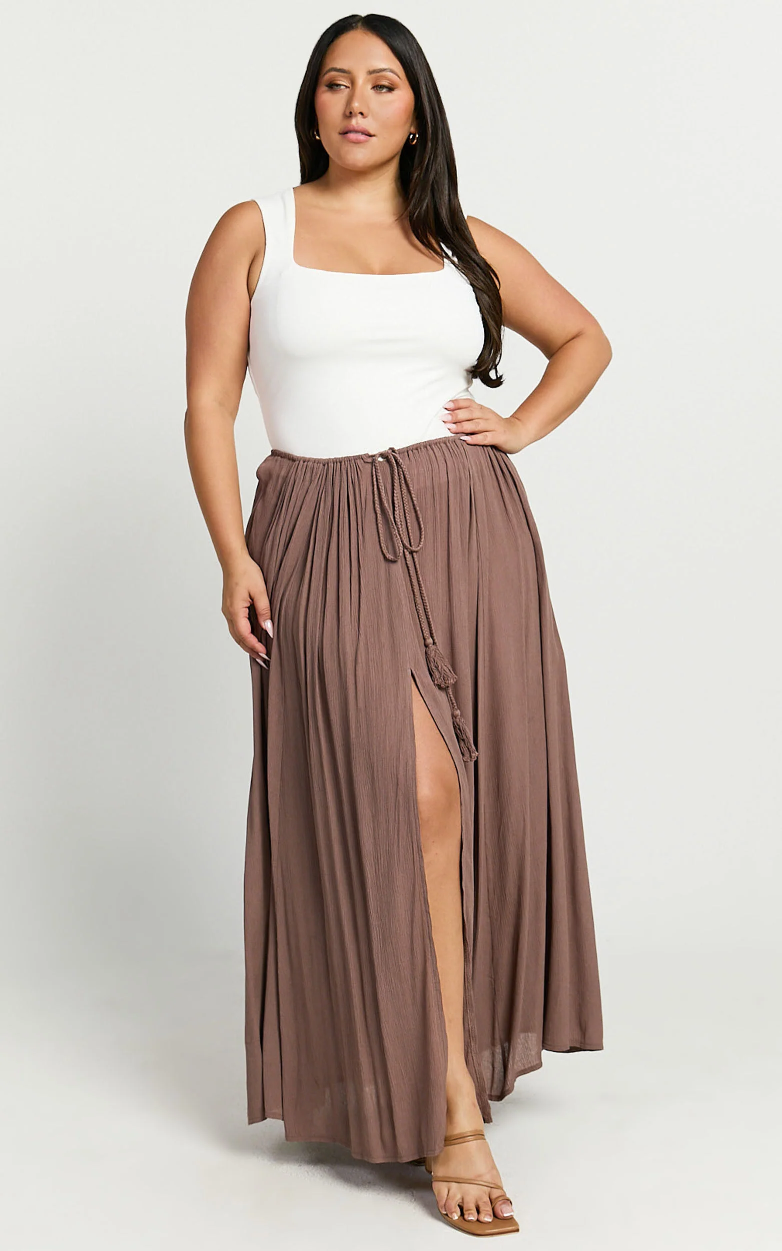 Under The Twilight Maxi Skirt - Thigh Split Skirt in Taupe