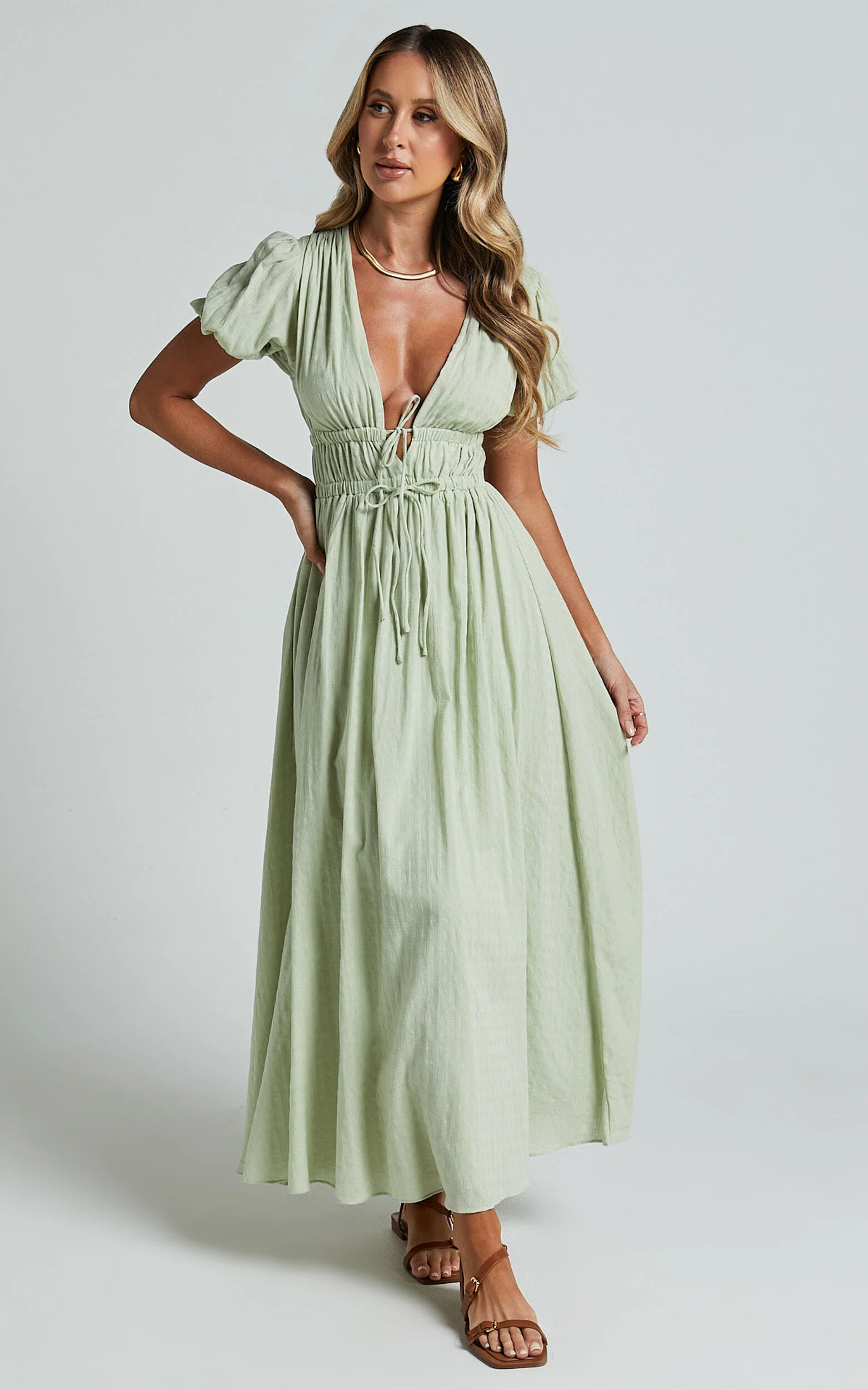 Matteo Midi Dress - Deep V Neck Puff Sleeve Dress in Sage