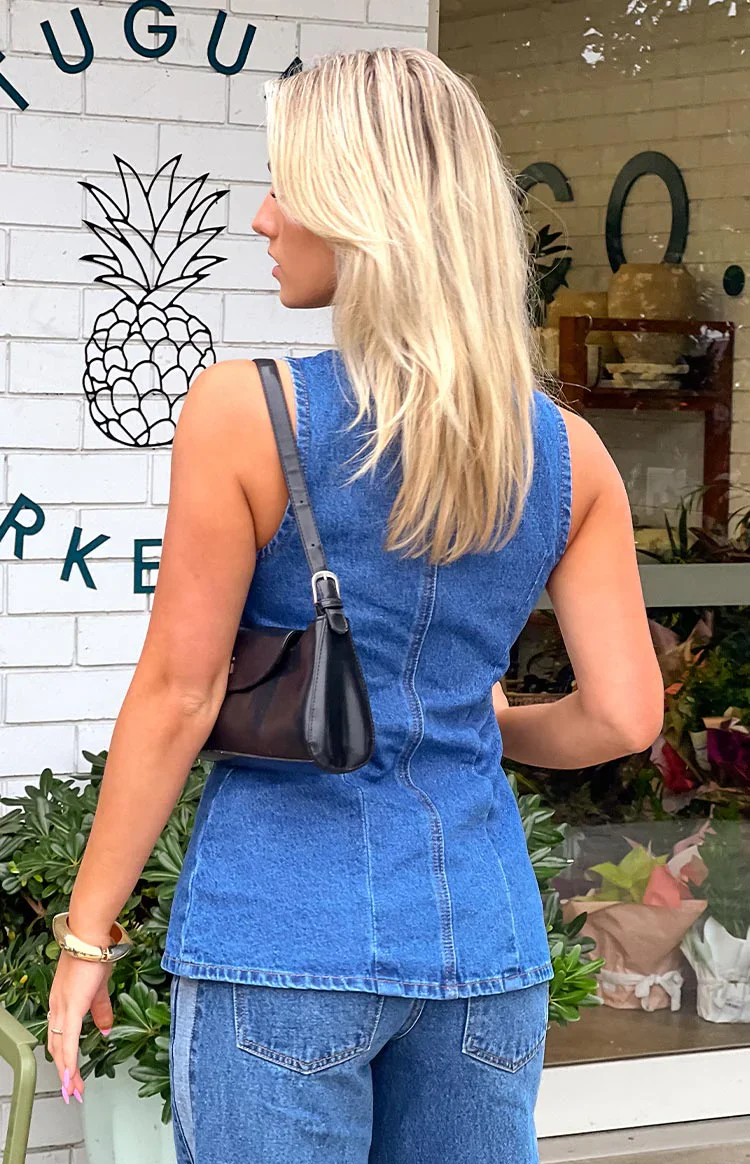 Dawson Mid Wash Denim Button Down Vest Top