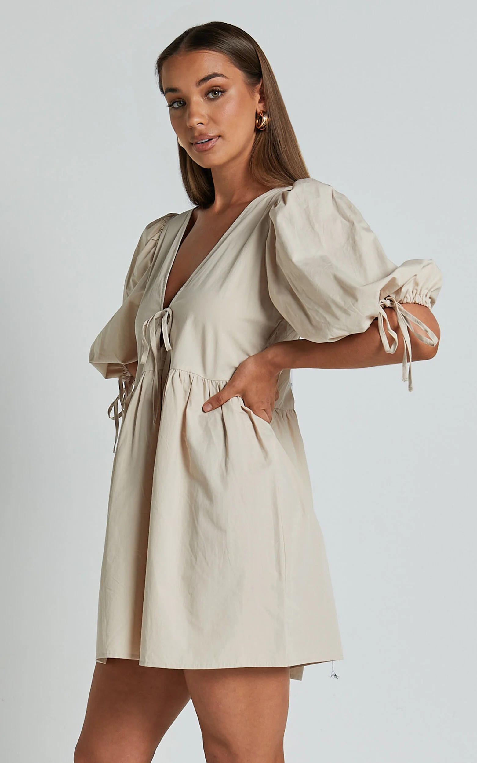 Rosita Mini Dress - Tie Front Puff Sleeve Dress in Stone