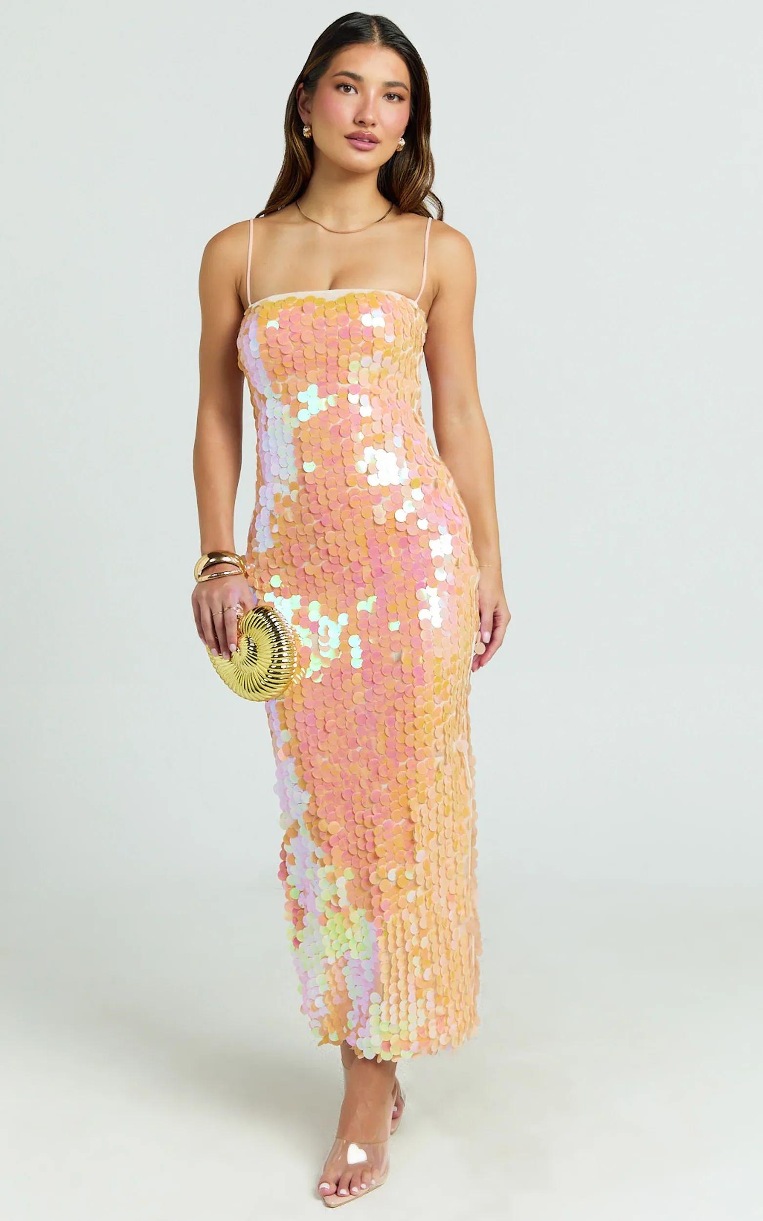 Casey Midi Dress - Square Neck Sequin Bodycon Dress in Peach