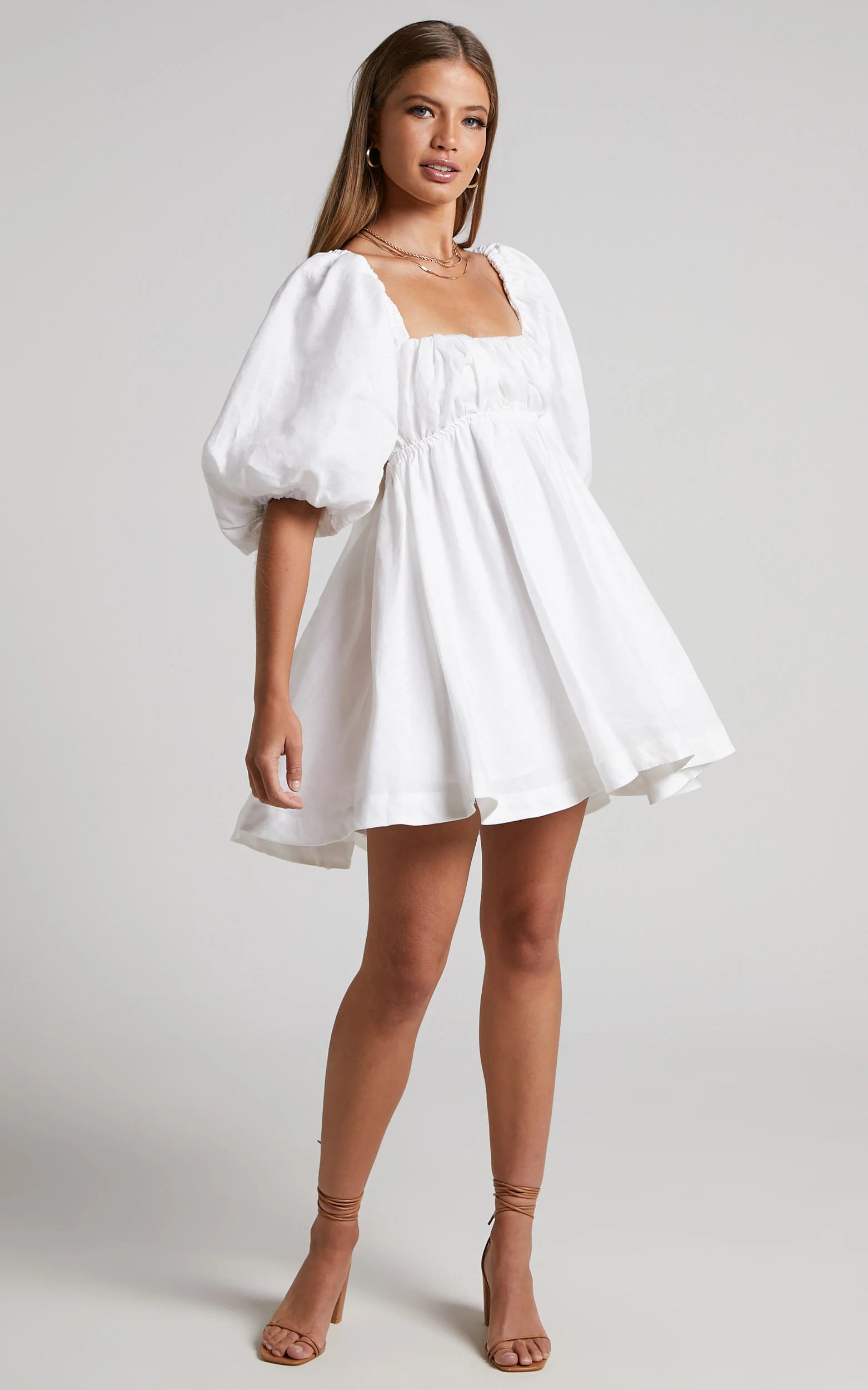 Amalie The Label - Hamyya Linen Tie Back Puff Sleeve Mini Linen Dress in White