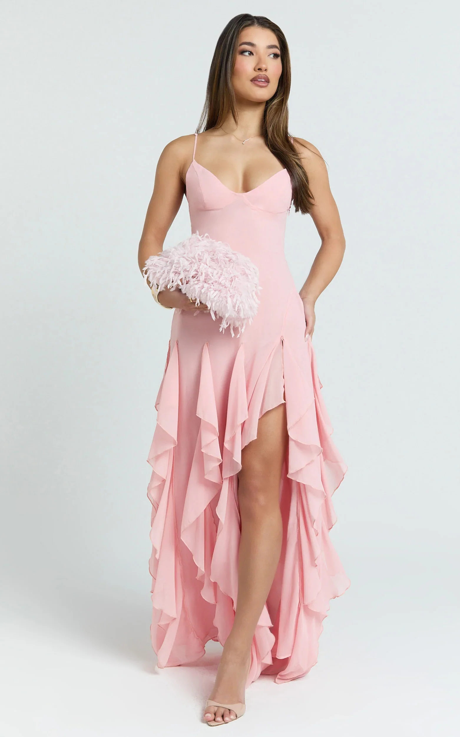 Maeve Maxi Dress - V Neck Ruffle Tier Slip Dress in Pink