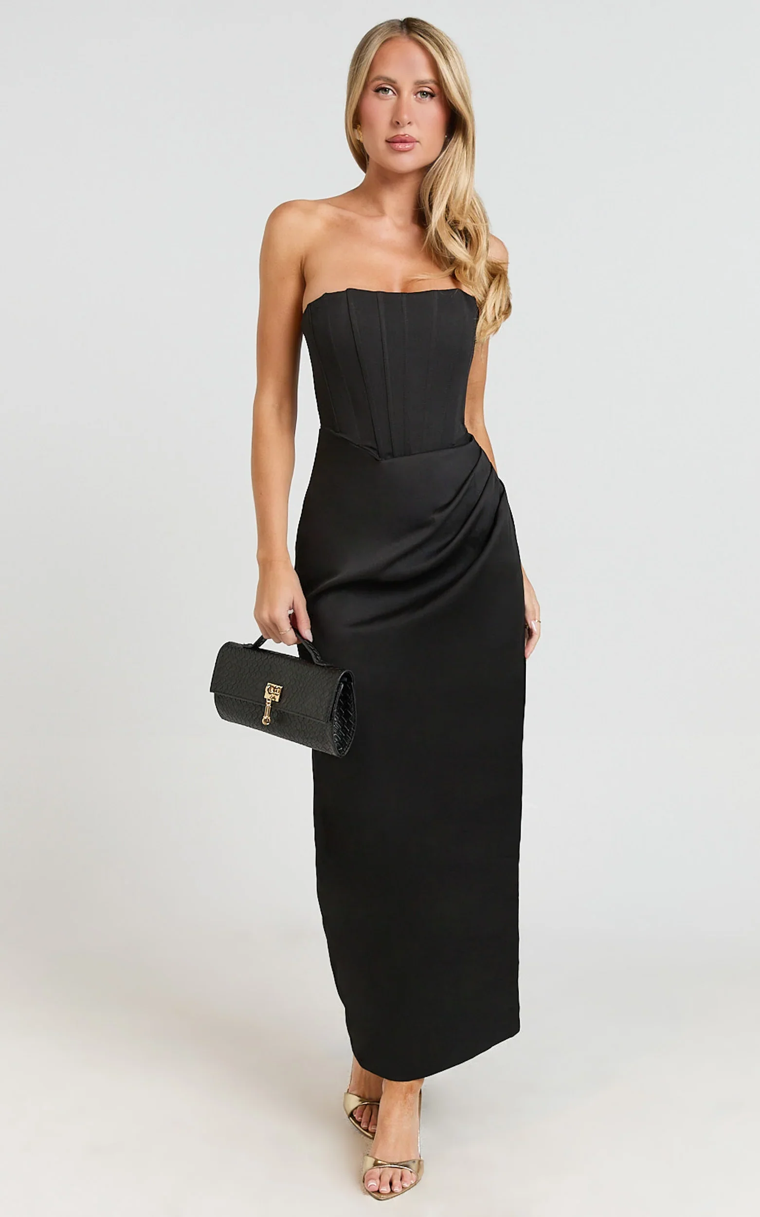 Avery Midi Dress - Strapless Draped Side Split Dress in Black