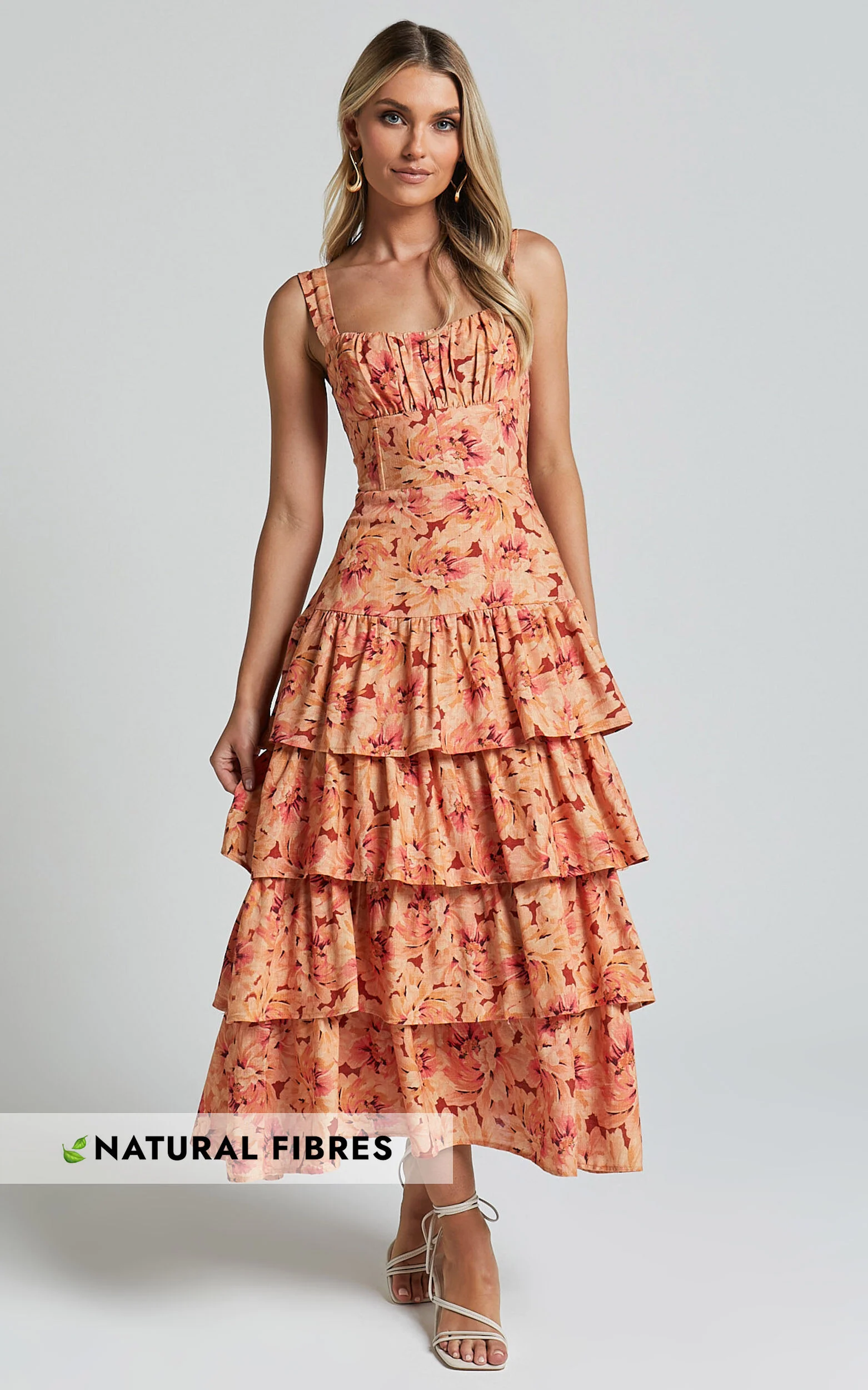 Amalie The Label - Adela Linen Look Blend Tiered Midi Dress in Valencia Print