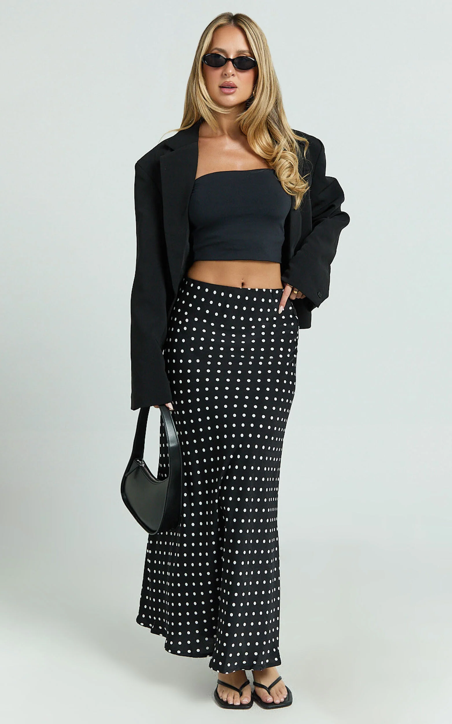 Amari Maxi Skirt - High Waisted Bias Cut Skirt in Black Polka Dot