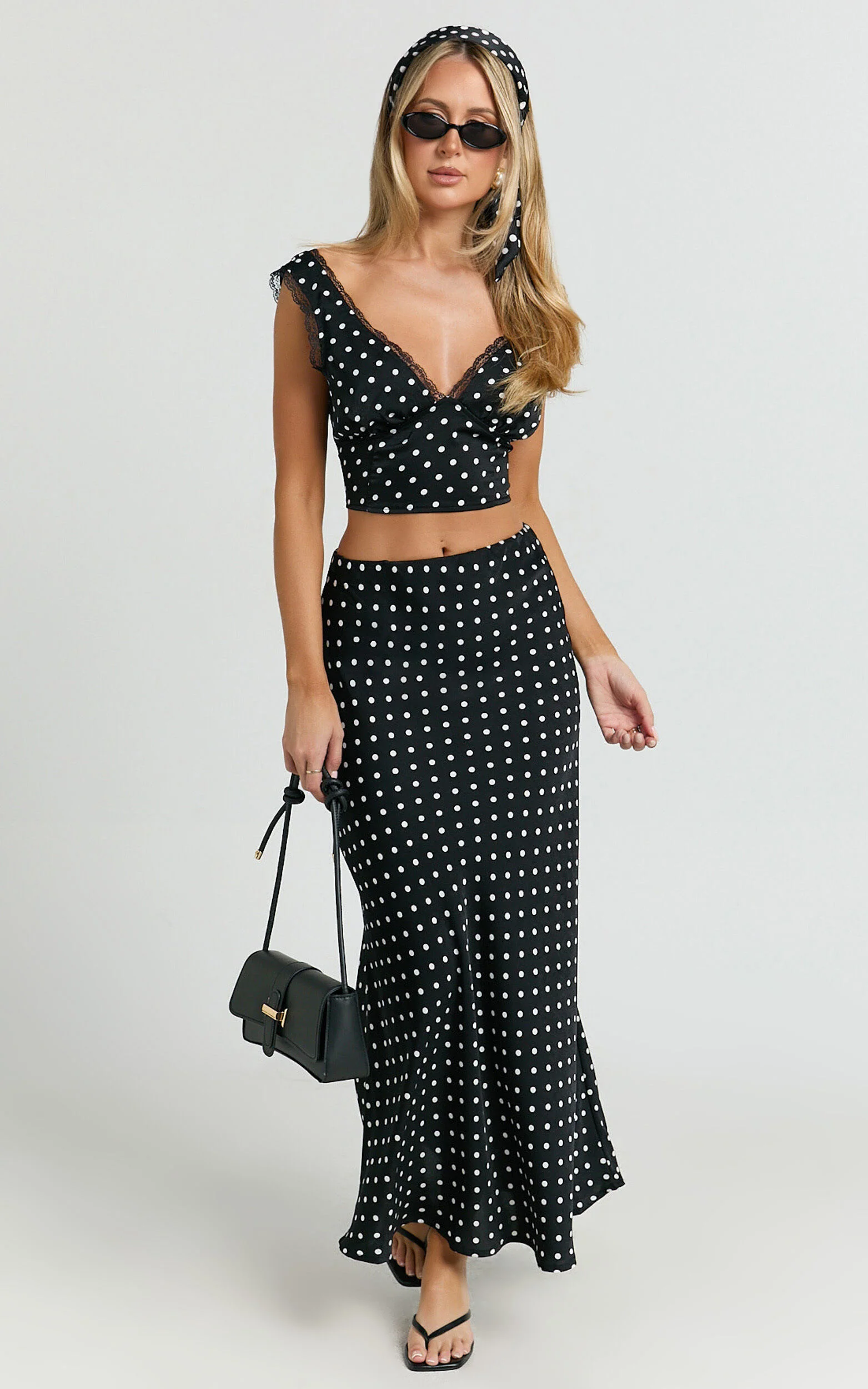 Amari Maxi Skirt - High Waisted Bias Cut Skirt in Black Polka Dot