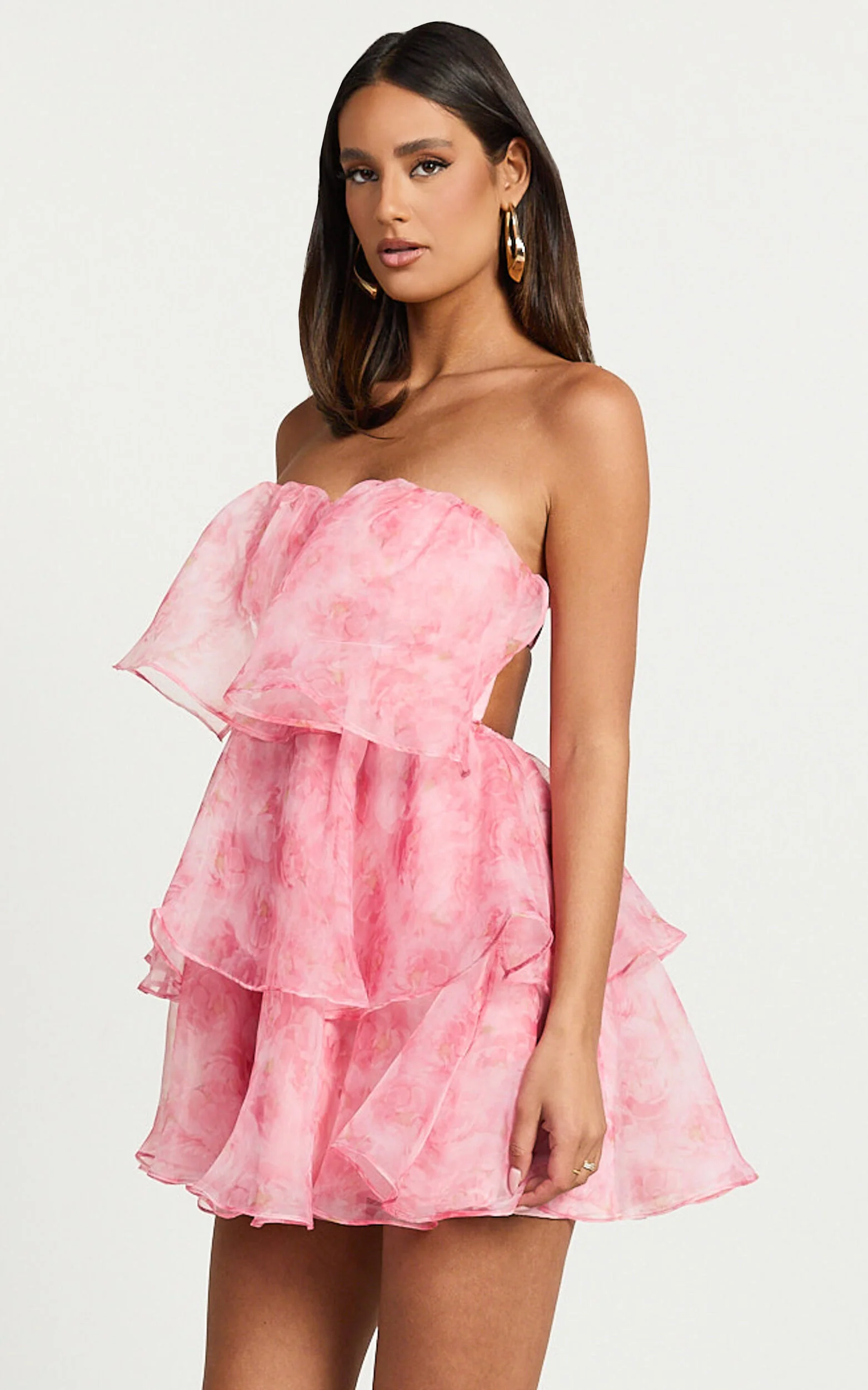 Caren Mini Dress - Sweetheart Strapless Layered Dress in Pink