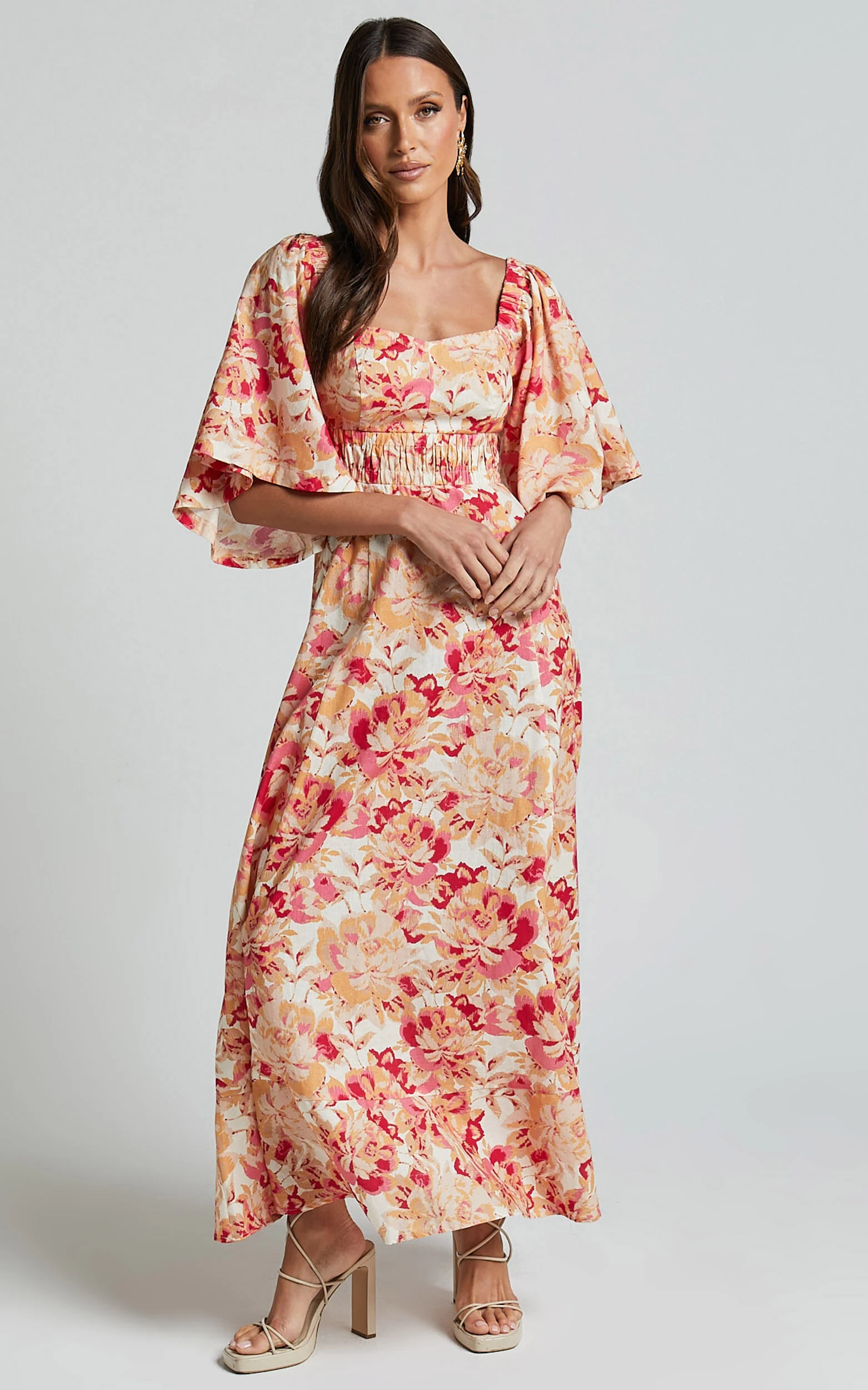 Amalie The Label - Thalia Linen Blend Puff Sleeve Midi Dress in Sienna Print