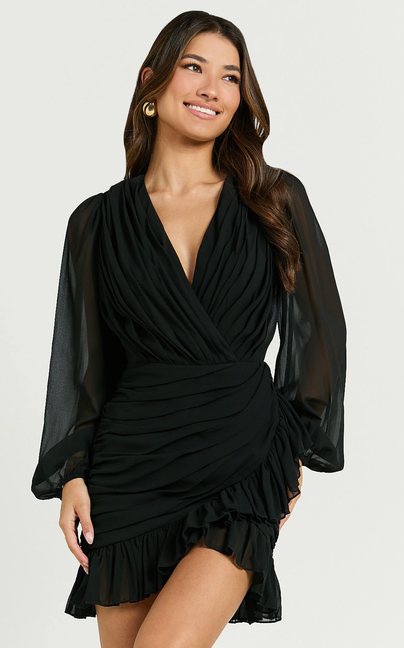 Can I Be Your Honey Mini Dress - Plunge Balloon Sleeve Dress in Black