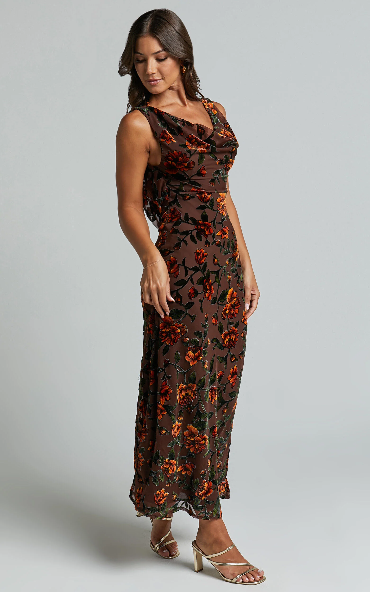 Stephania Midi Dress - Cowl Neck Low Back Burnout Slip Dress in Chocolate