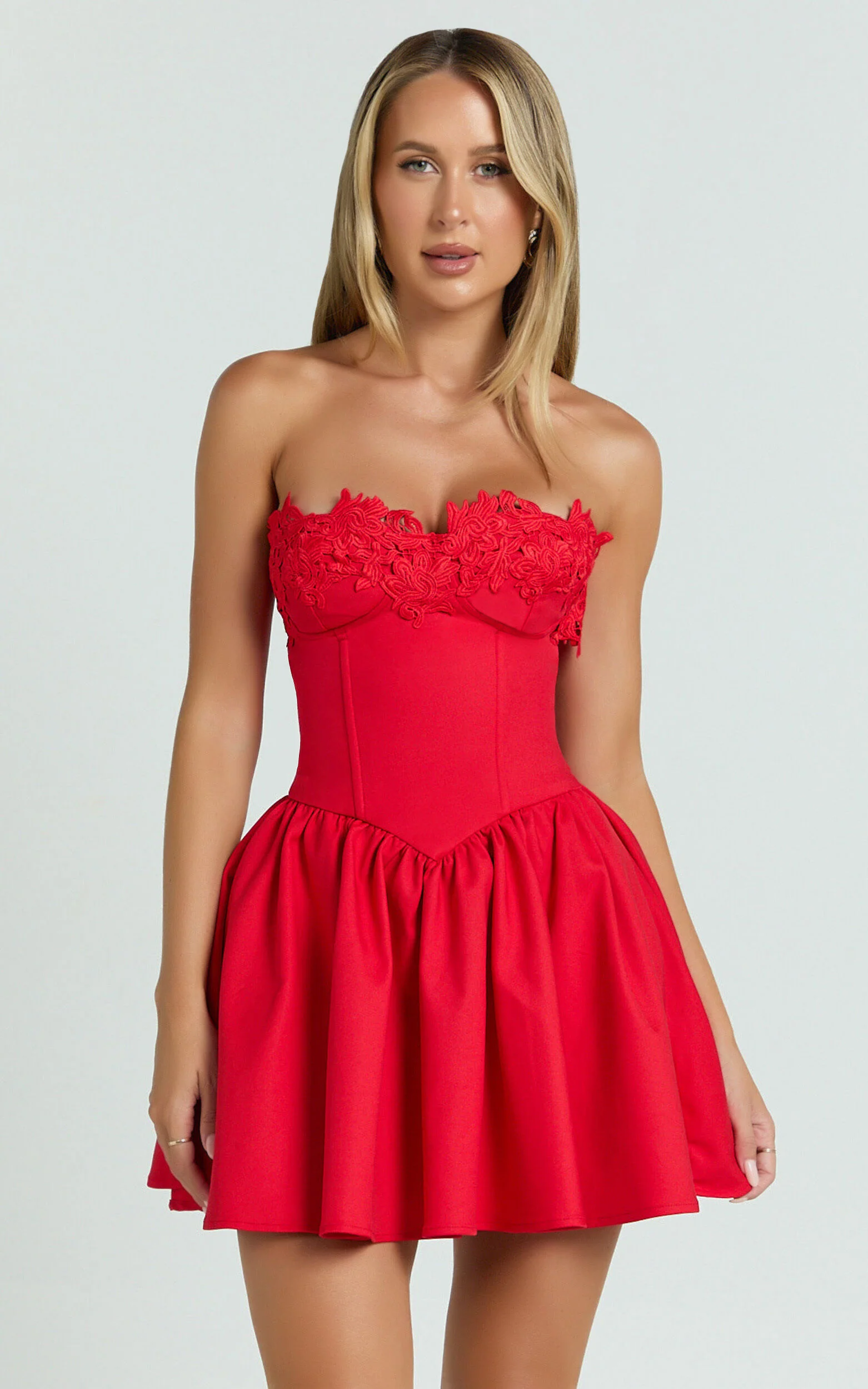 Brooke Mini Dress - Strapless Lace Trim Drop Waist Fit And Flare Dress in Red