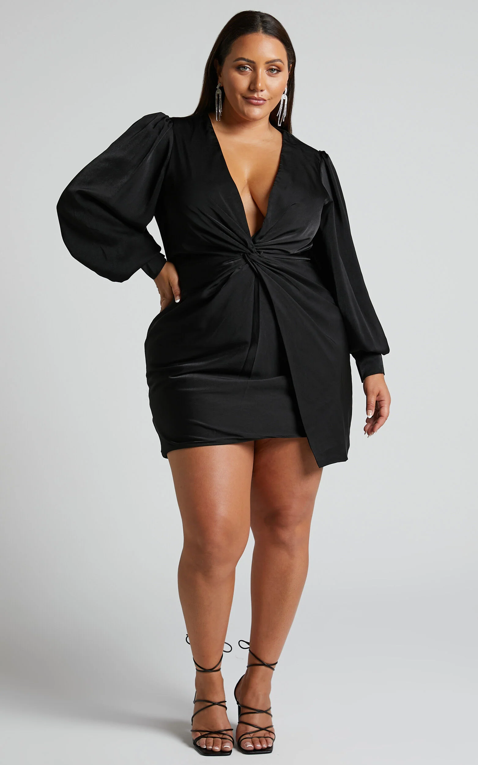 Billie Mini Dress - Twist Front Long Puff Sleeves Dress in Black