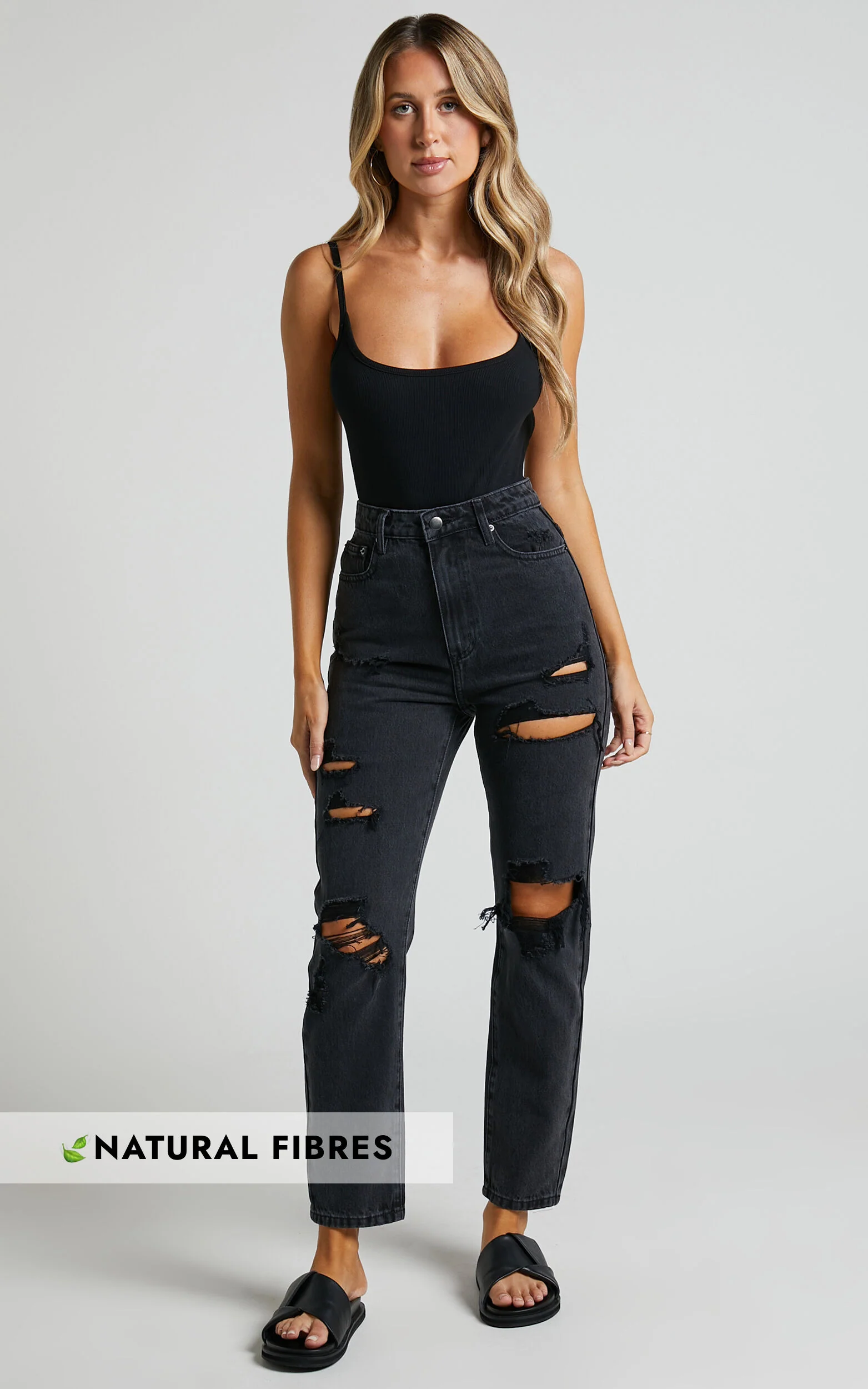 Billie Jeans - High Waisted Cotton Distressed Mom Denim Jeans in Black Wash