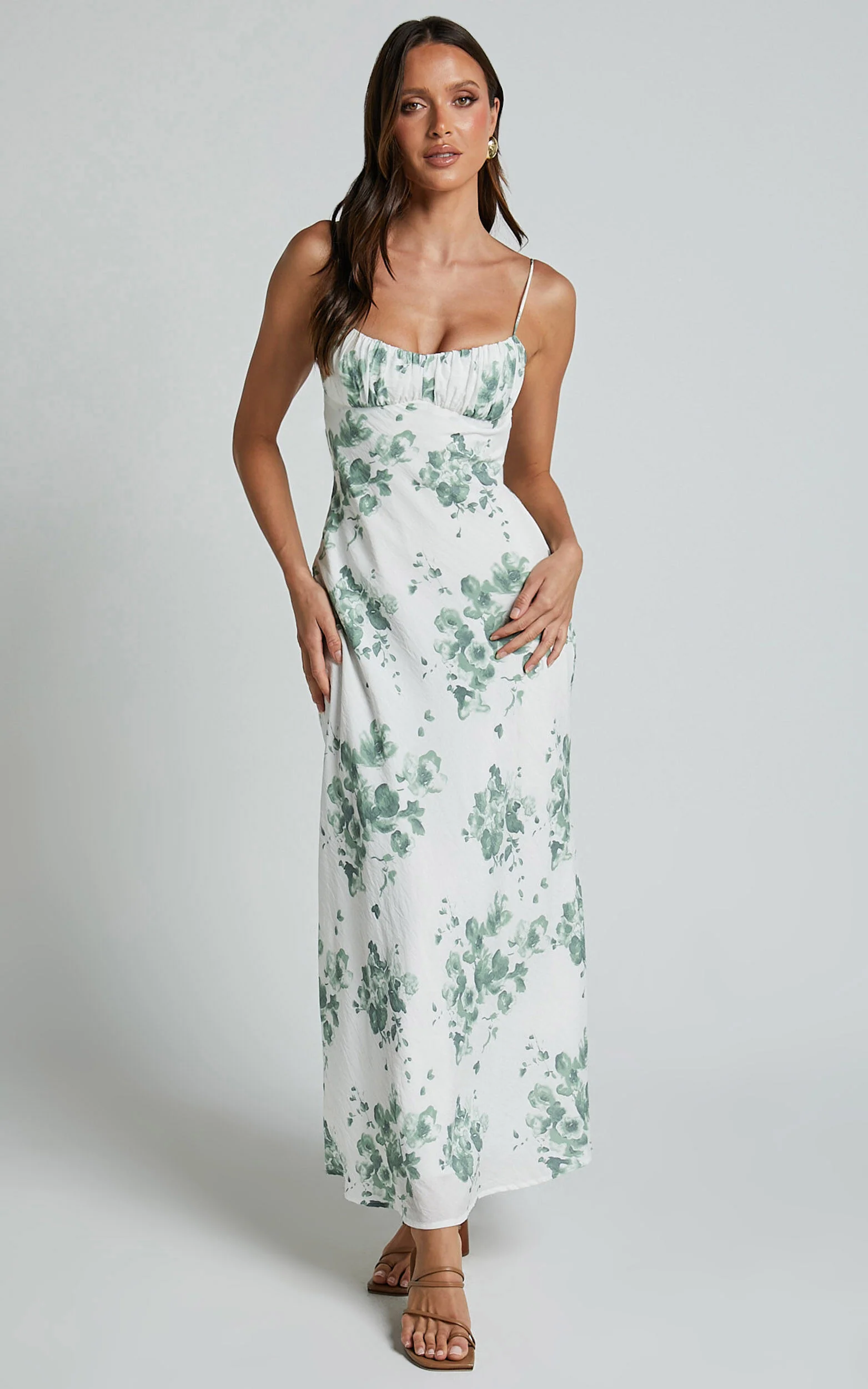 Bettina Midi Dress - Strappy Ruched Bust Slip Dress in Green and White Print