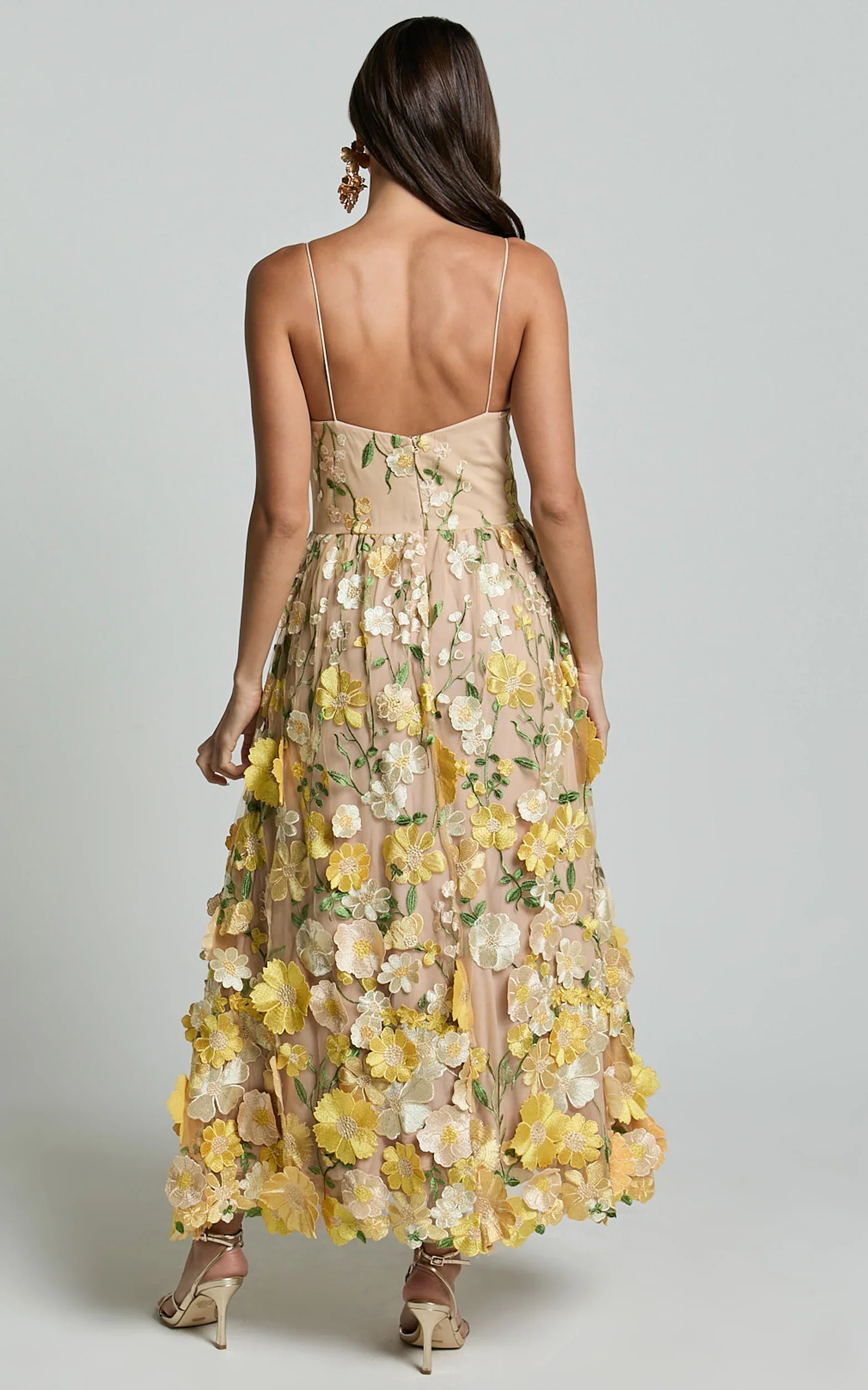 Amalie The Label - Mia Strappy Flower Detail Midi Dress - In Yellow