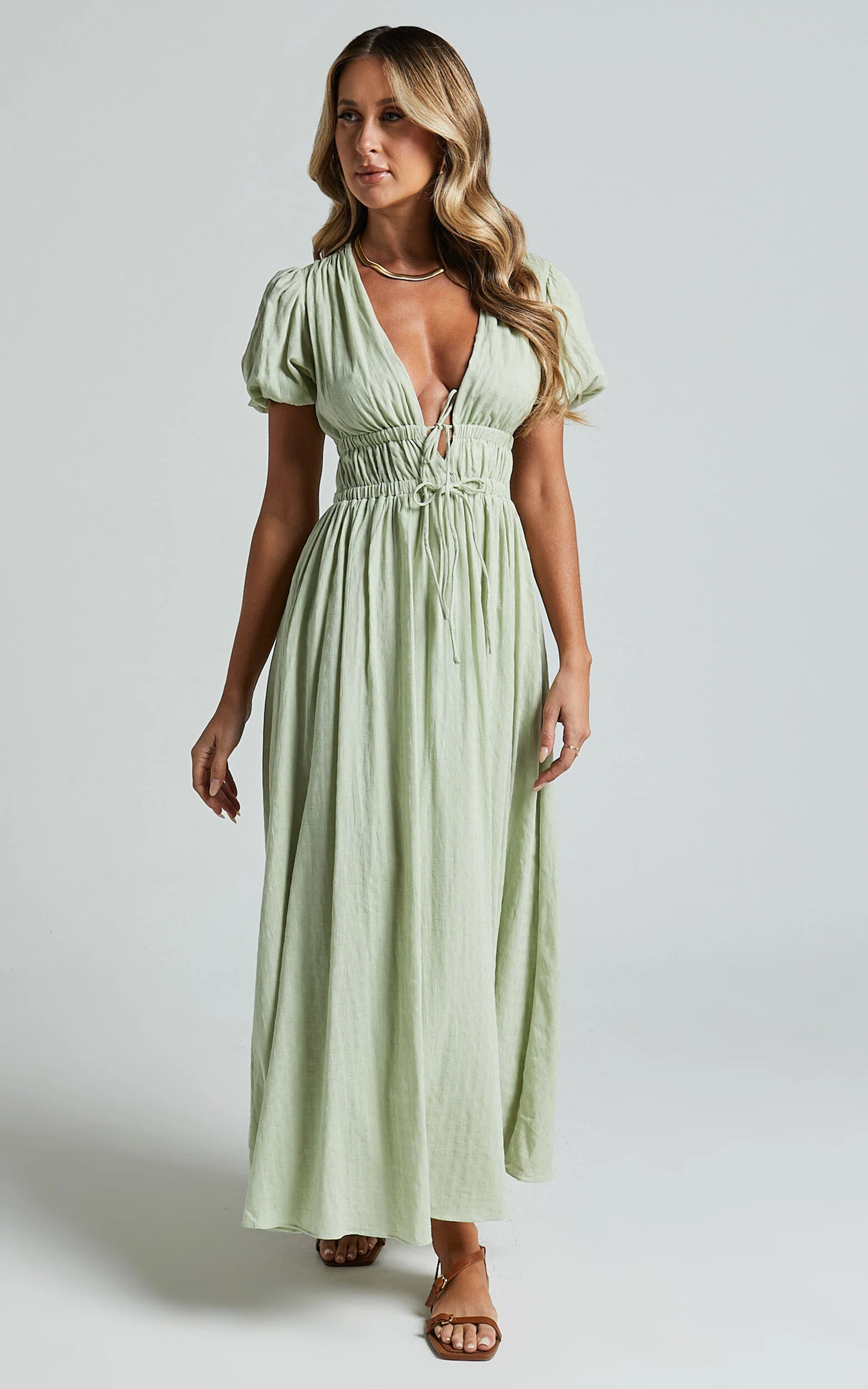 Matteo Midi Dress - Deep V Neck Puff Sleeve Dress in Sage