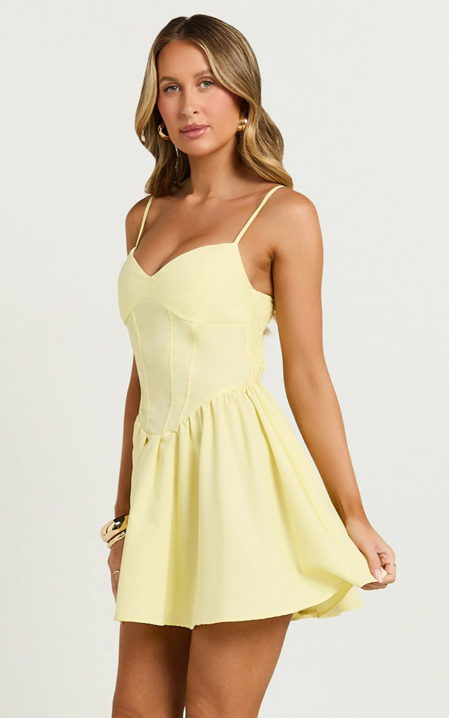 Delaila Mini Dress - Strappy Sweetheart Fit and Flare Dress in Lemon